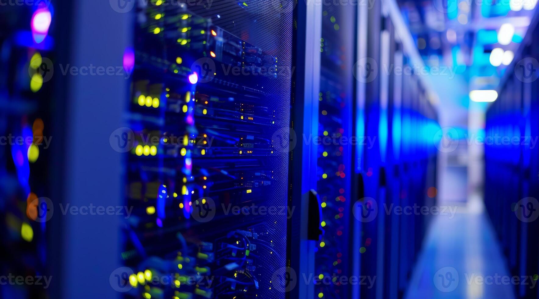 A contemporary server room brimming with highperformance servers that emit a cool blue light, illuminating the space photo