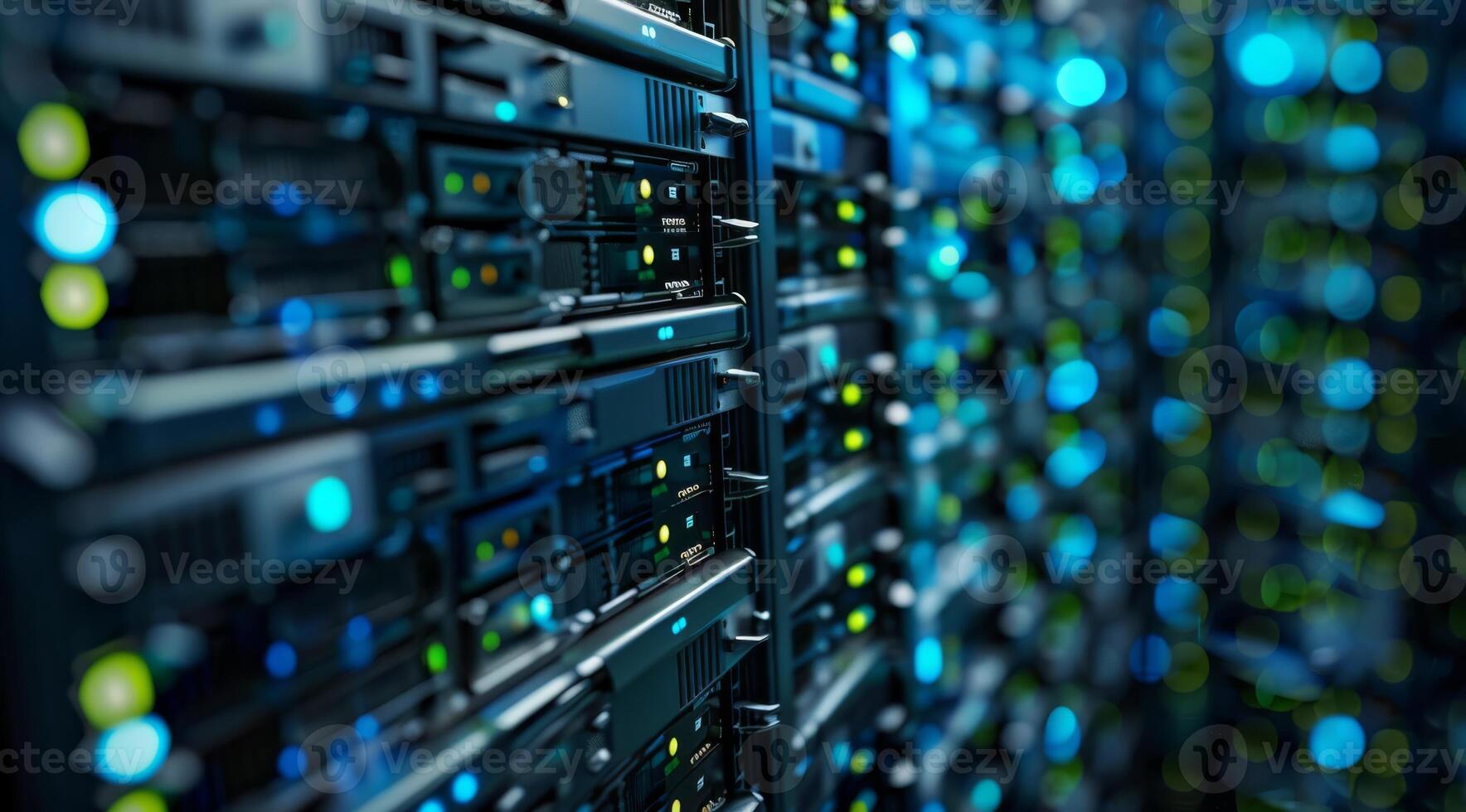 A detailed closeup view of modern data servers featuring illuminated indicators within a server room environment photo