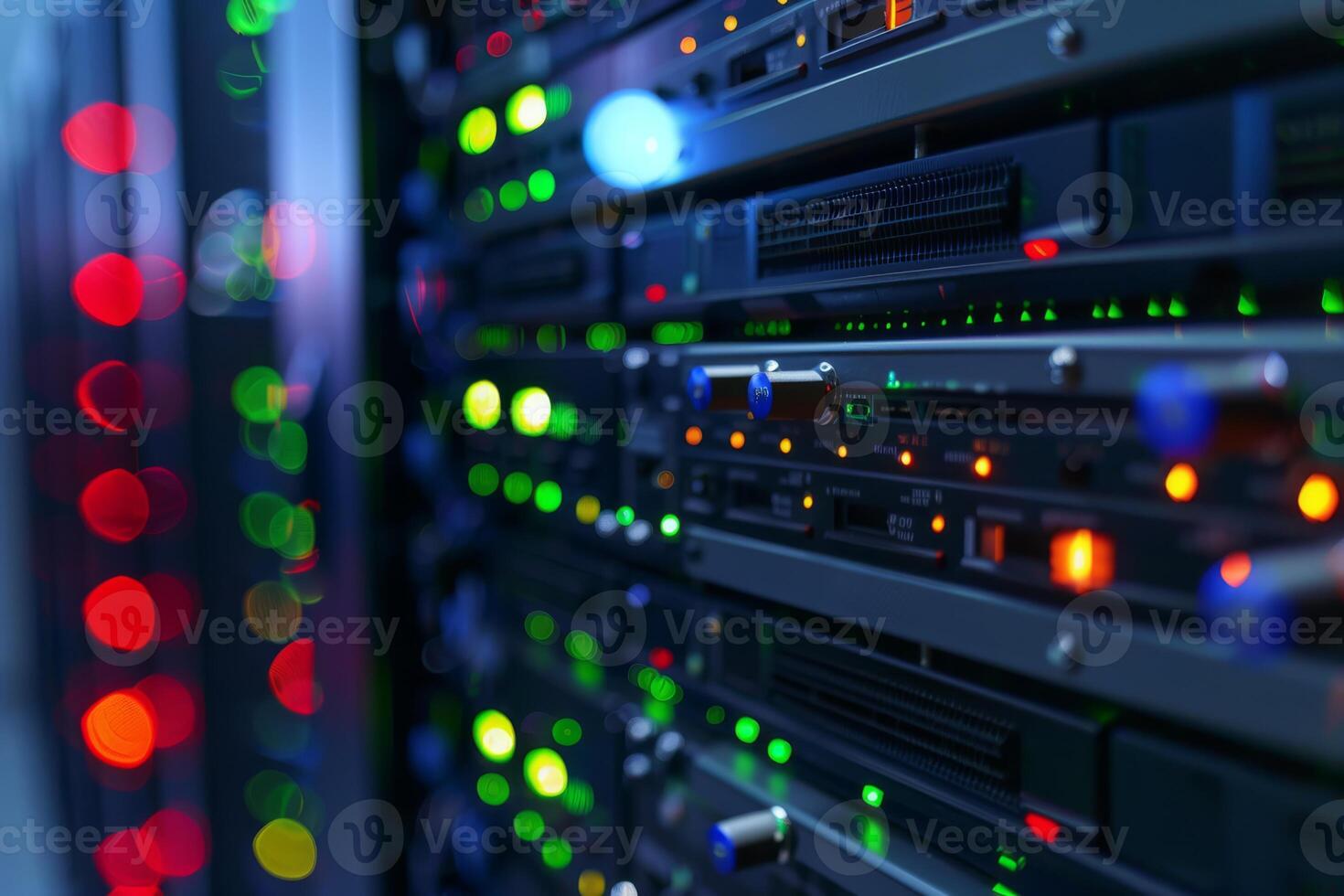 An illuminated server rack displays various data connections set in a dynamic and evolving digital environment photo