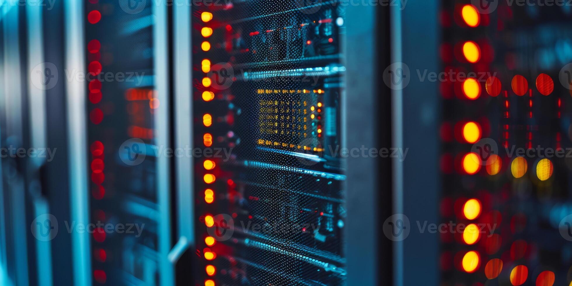 This text provides a detailed view of servers with bright, glowing lights within a contemporary data center environment photo