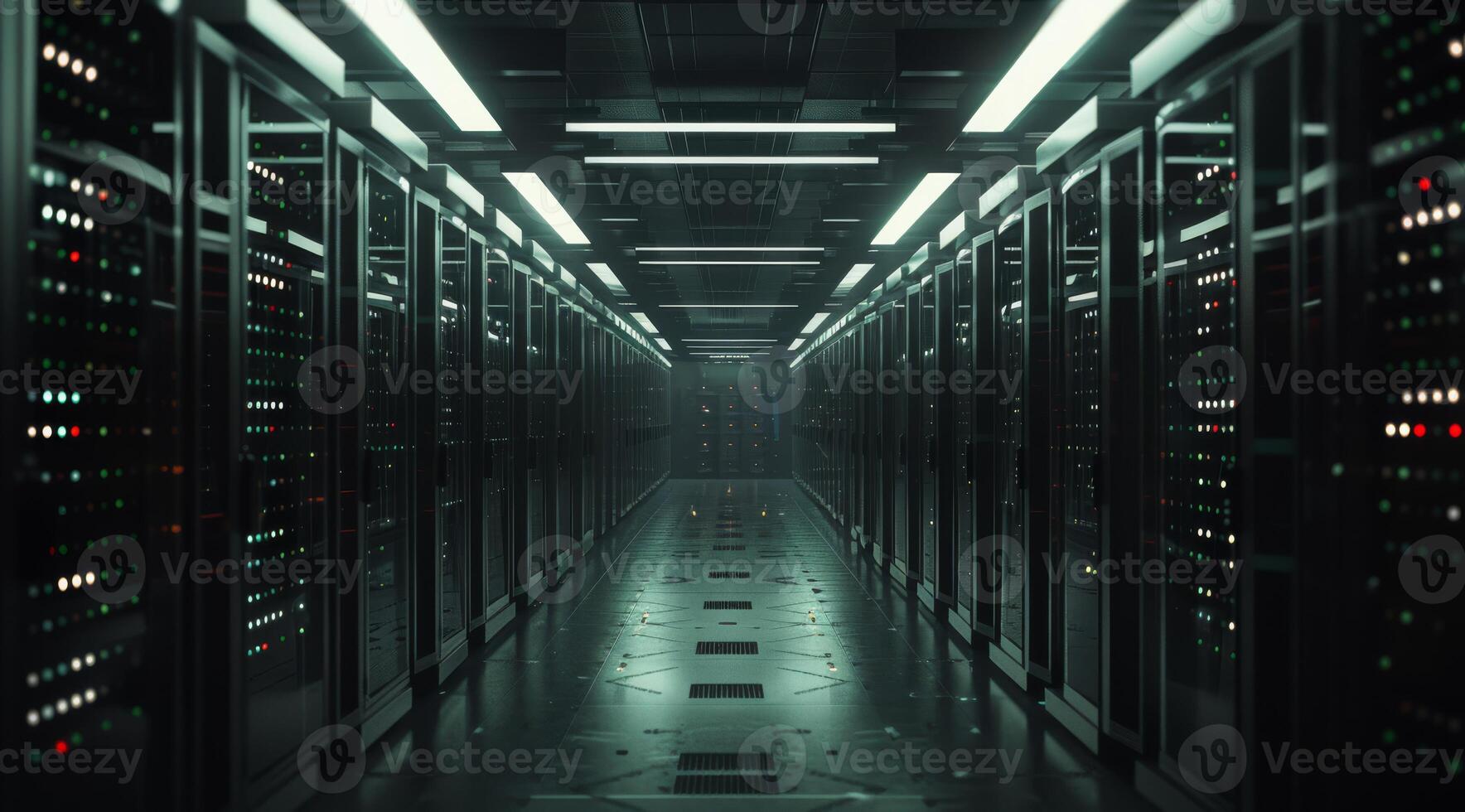 A contemporary data center corridor filled with sleek, hightech server racks and subtle ambient lighting photo