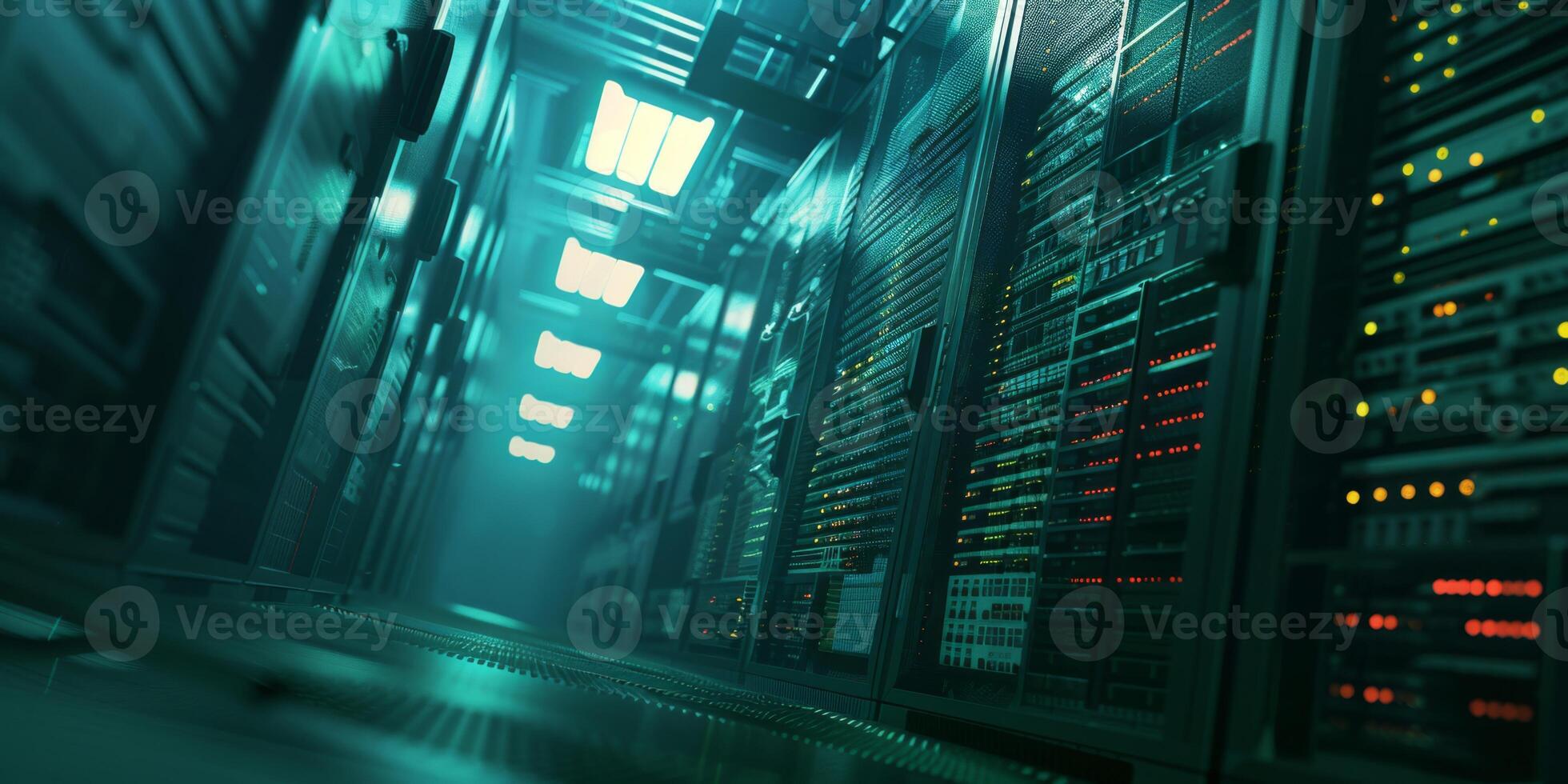 A sleek and modern data center that beautifully showcases hightech server racks and vibrant, dynamic lighting photo