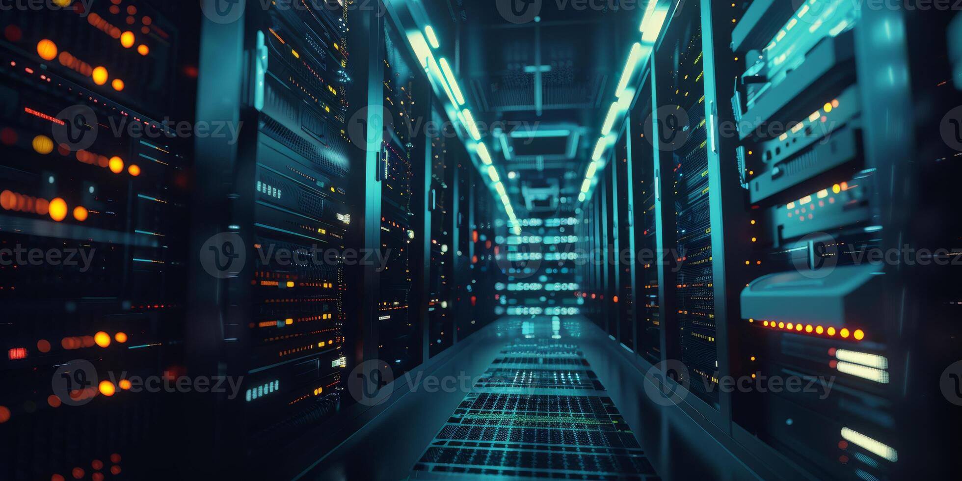 A hightech cuttingedge data center filled with numerous server racks, illuminated by dynamic blue and orange lights photo