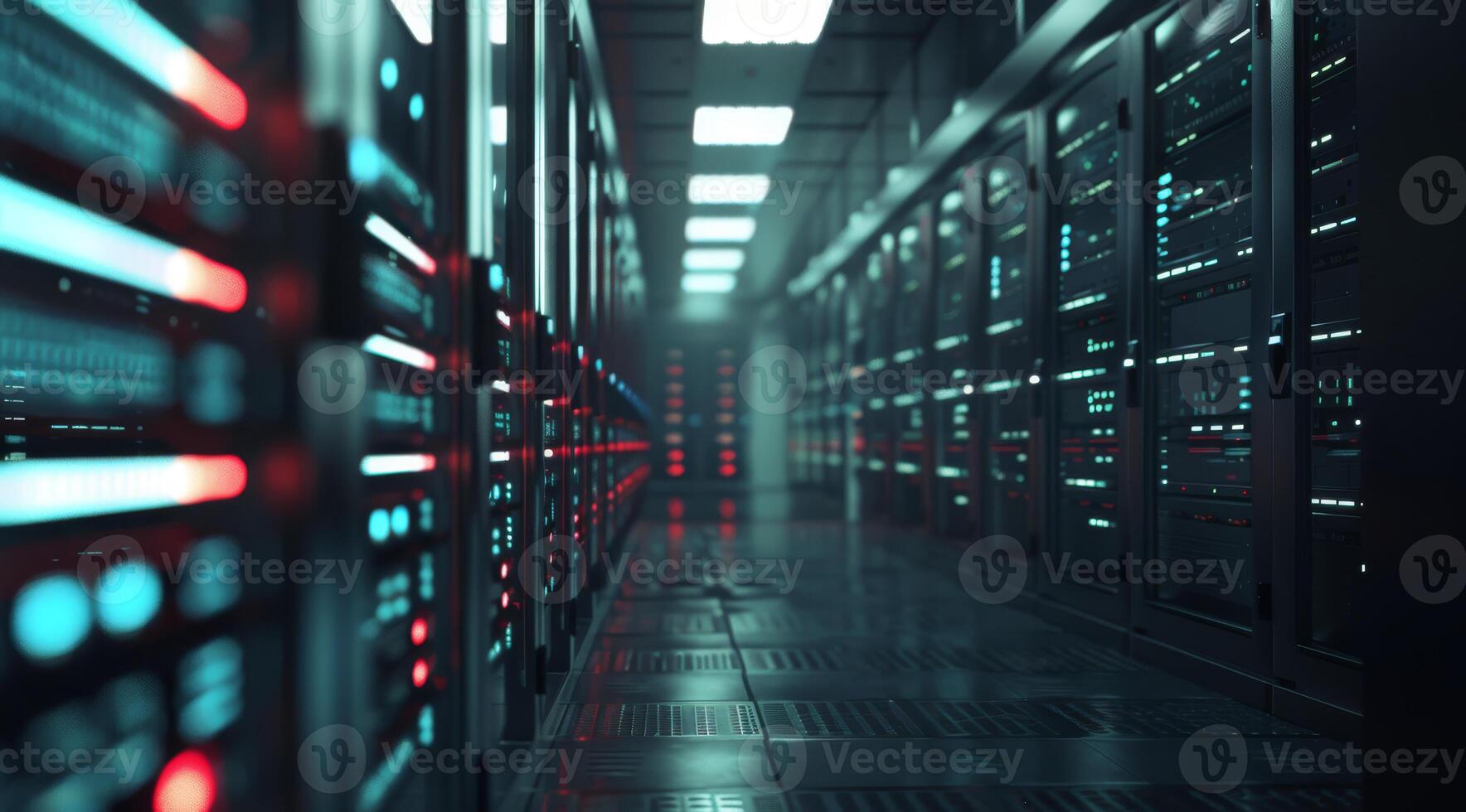 A sleek, wellilluminated hallway showcasing numerous hightech server racks within a advanced data center facility photo