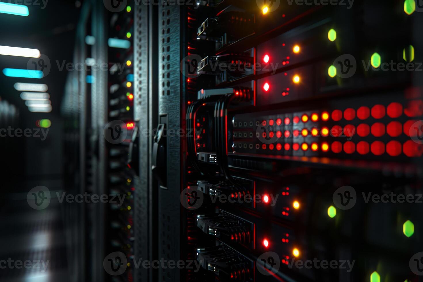 This cuttingedge, modern data center boasts server racks that come equipped with vibrant and colorful LED indicators photo