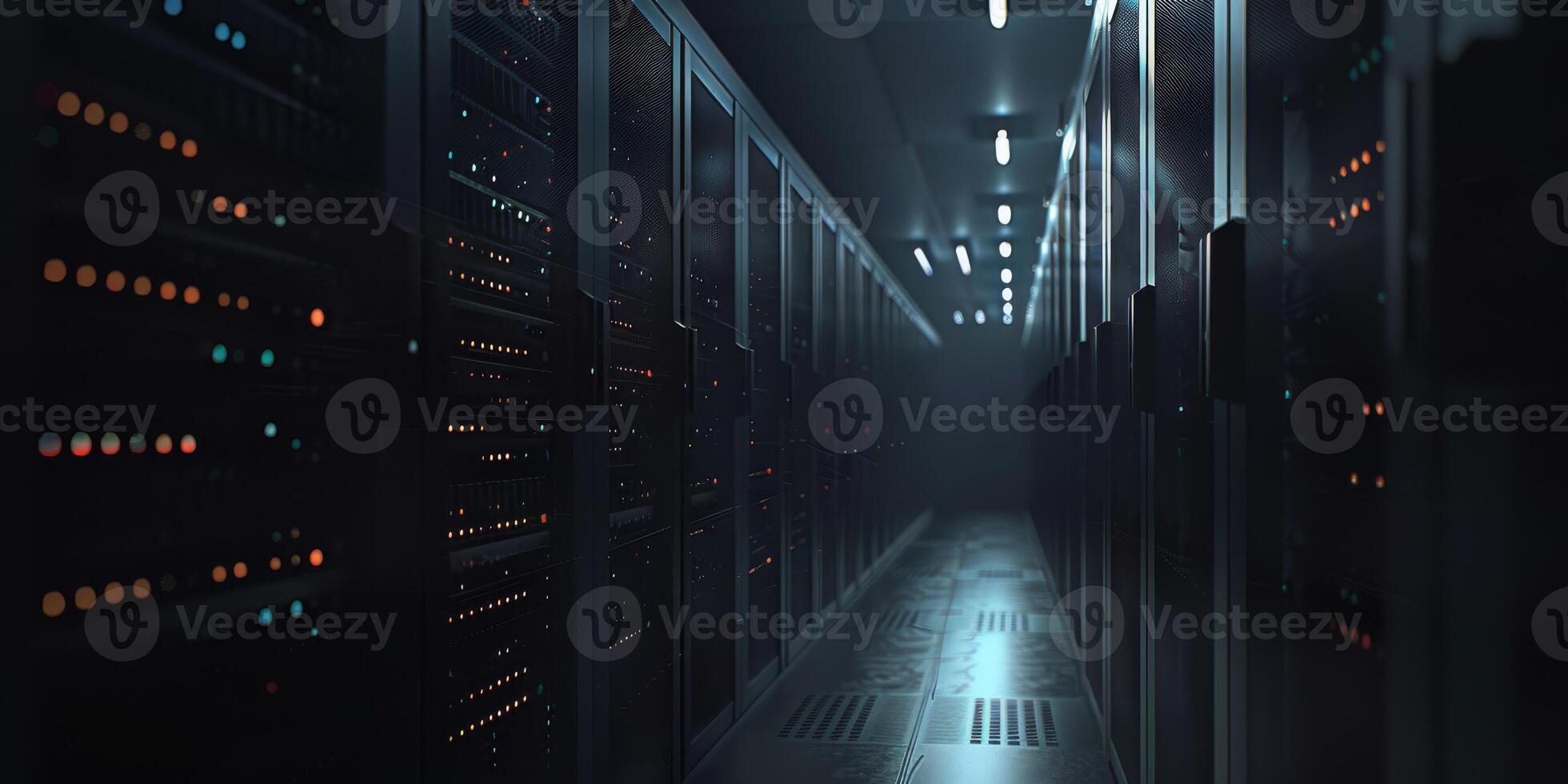 A contemporary server room that showcases cuttingedge technology, all featured in a sleek, dimly lit environment photo