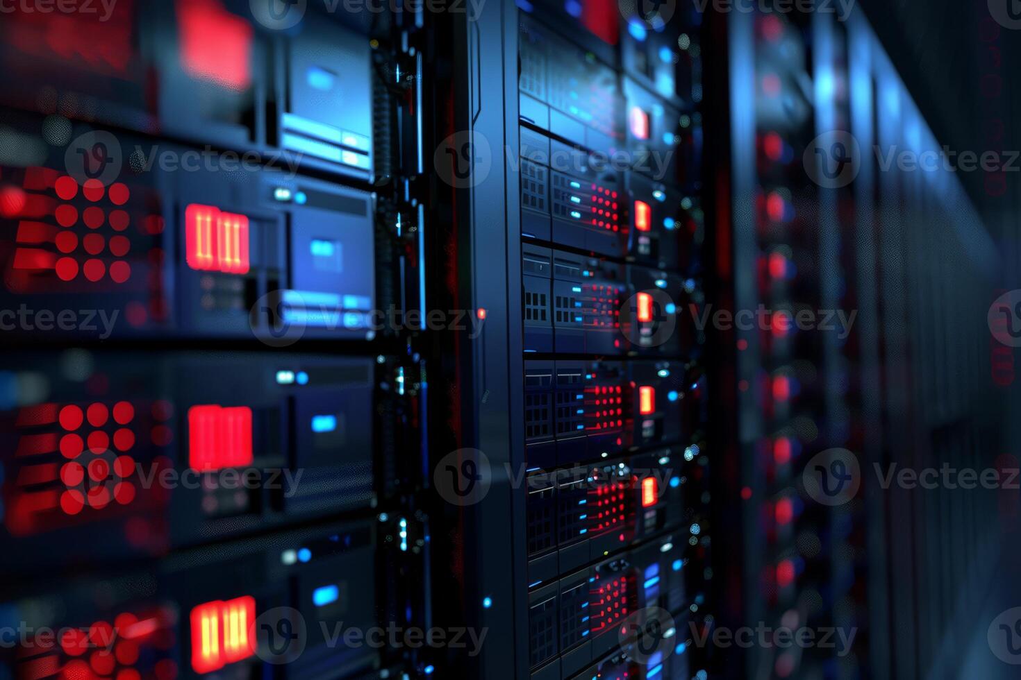 This is a detailed closeup view of a contemporary server rack that prominently showcases its colorful LED indicators photo