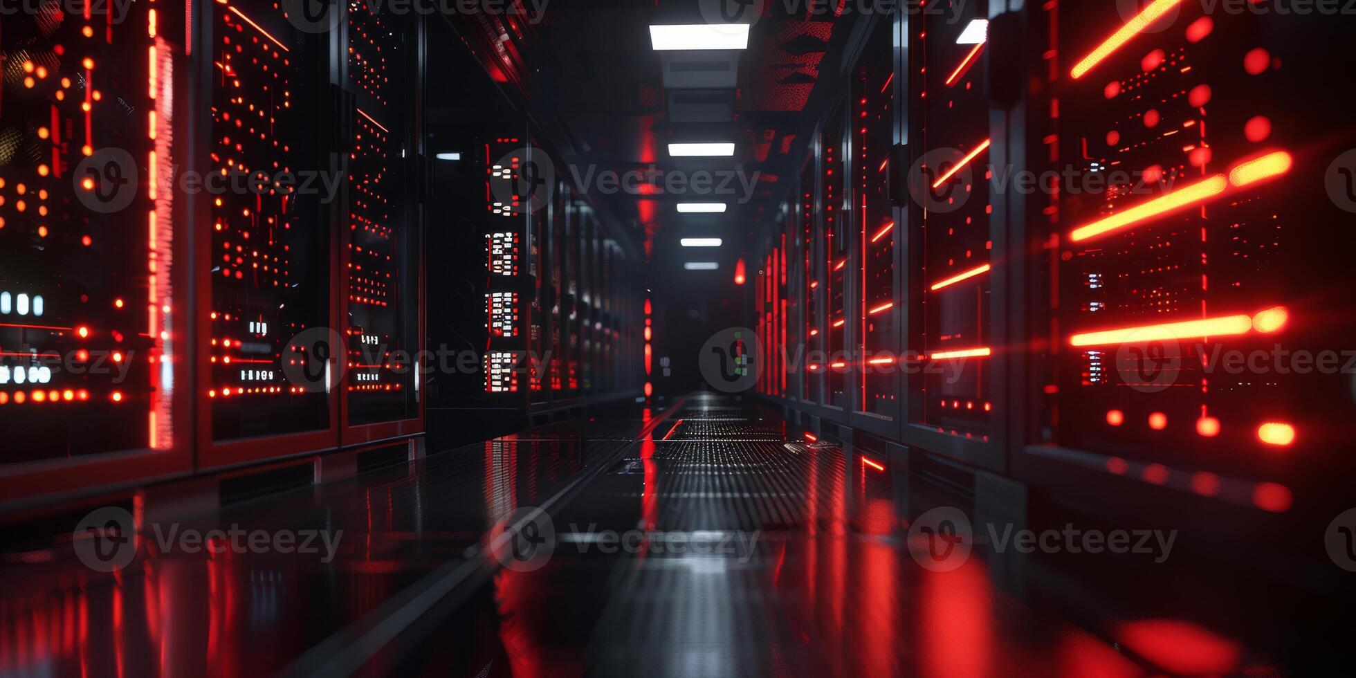 A sleek and impressive corridor in a stateoftheart data center, beautifully illuminated by vibrant red lights photo