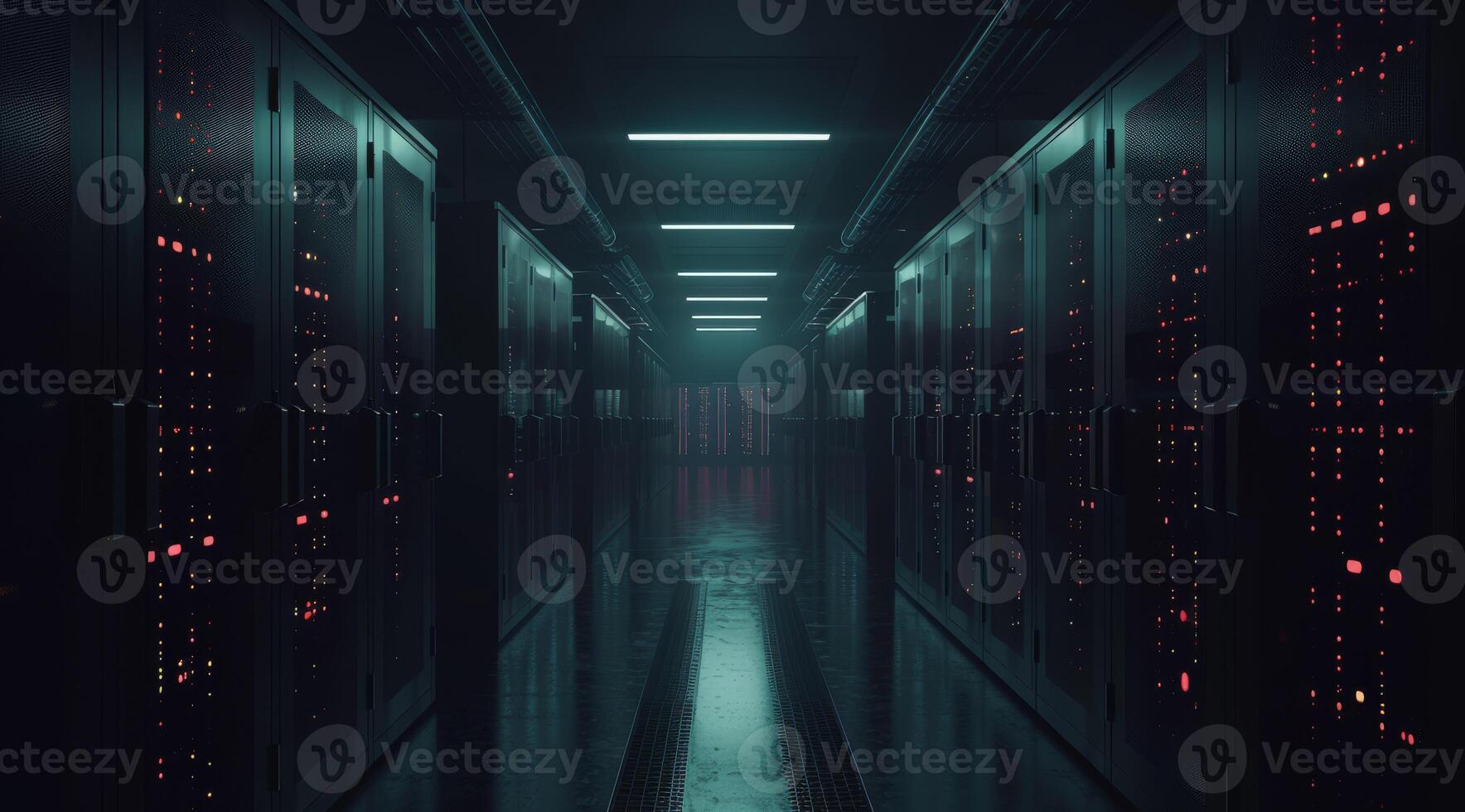 An expansive atmospheric corridor that is lined with hightech servers, contributing to a striking futuristic vibe photo