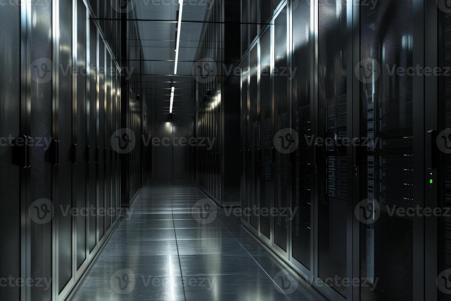 A sleek and futuristic view of a data center corridor featuring numerous server racks along with ambient lighting photo