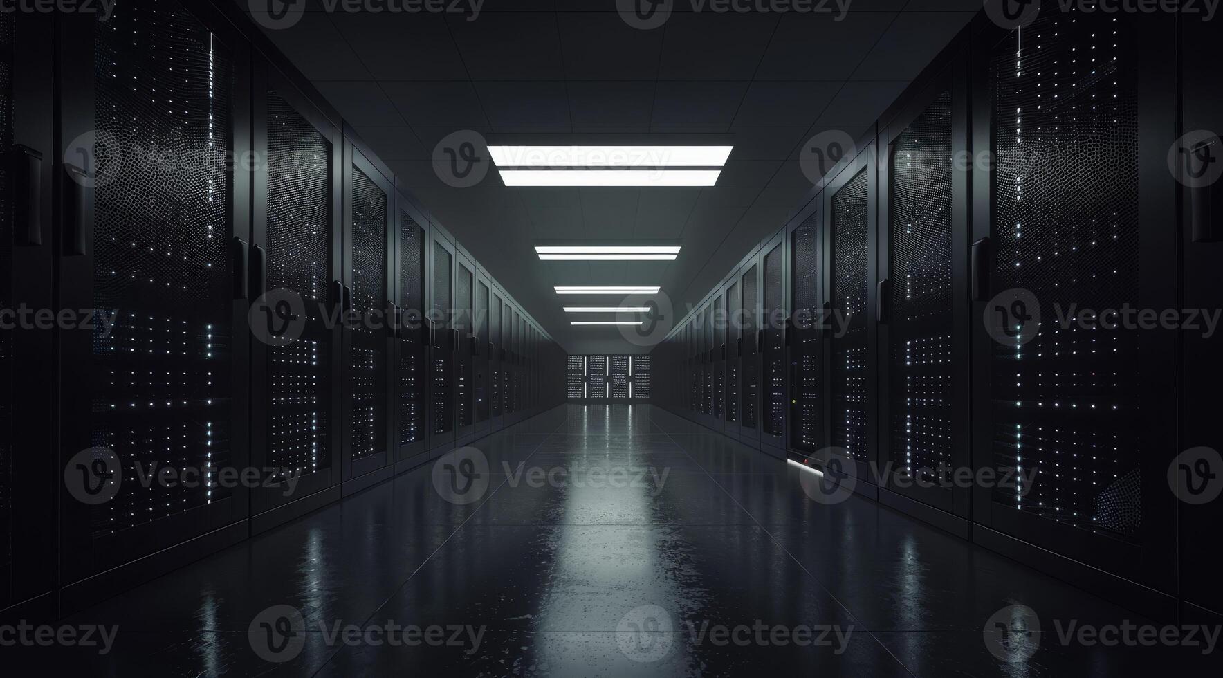 A dimly lit corridor showcases extensive server racks, embodying a highly sophisticated hightech data center photo