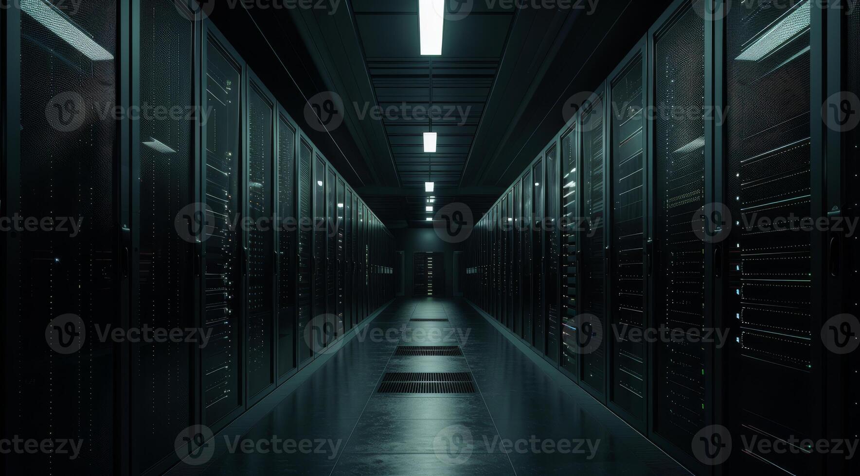 A shadowy corridor lined with server racks in a data center environment, evoking a profound sense of mystery photo