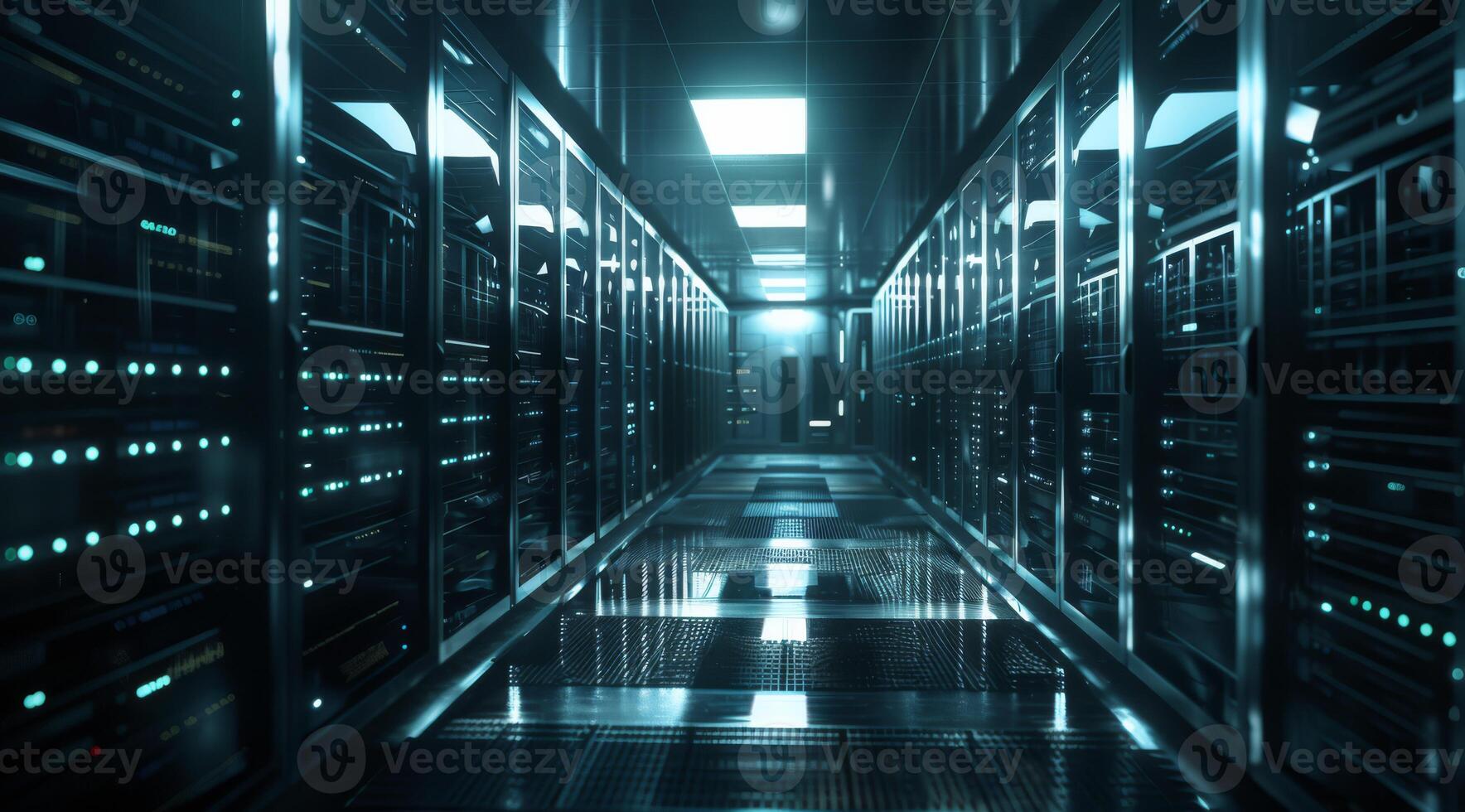 A sleek and modern data center hallway is effectively illuminated by overhead lights, showcasing reflective surfaces photo