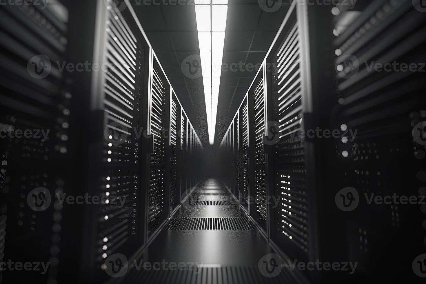 A dimly lit modern data center displaying an extensive array of server racks and cuttingedge technology throughout photo