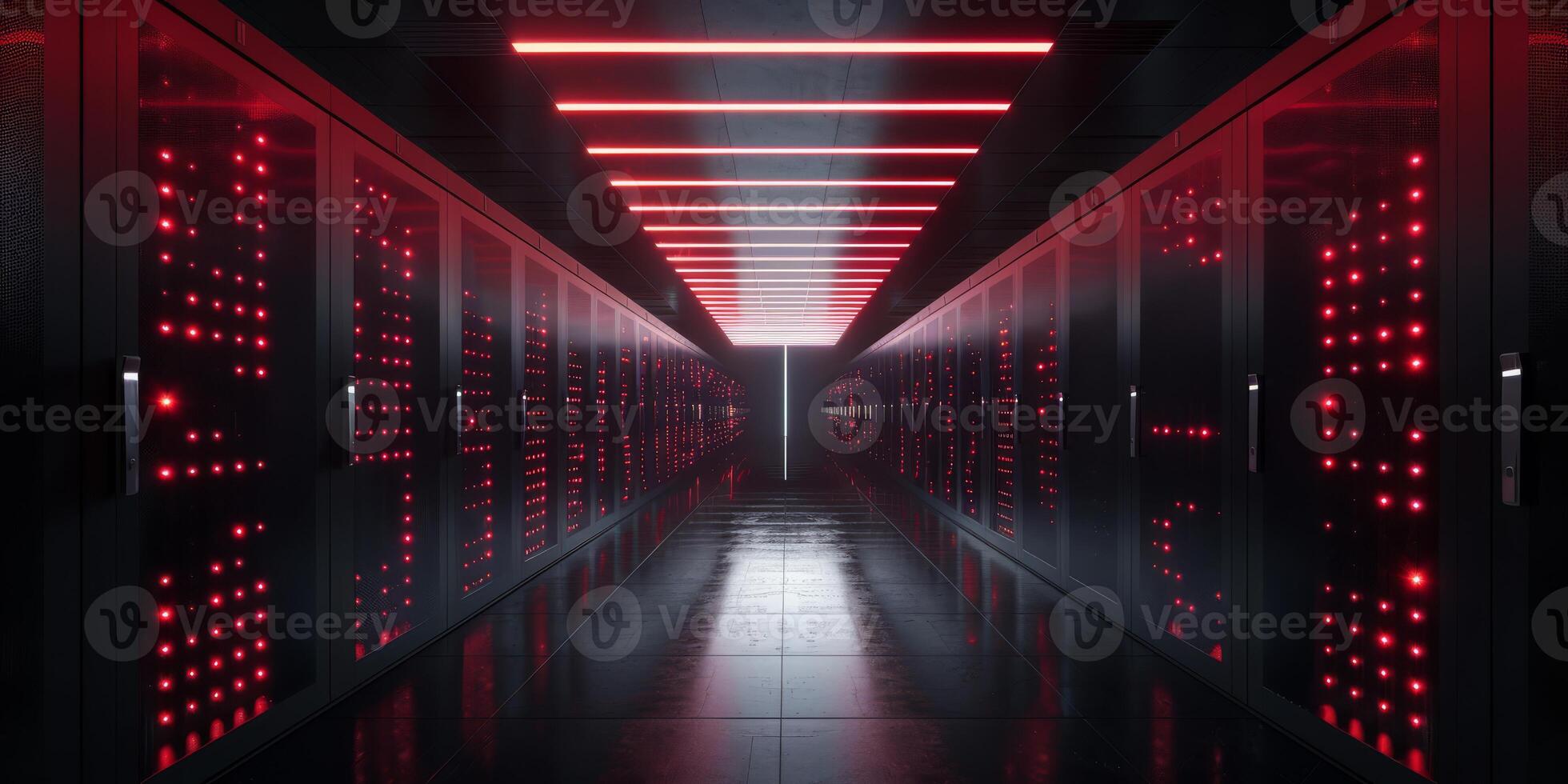 A sleek and modern data center space is illuminated with striking red lights and features polished flooring throughout photo