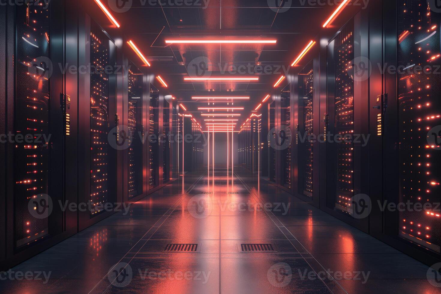 A striking and vivid view of a hightech server room that is brilliantly illuminated by neon lights that glow photo
