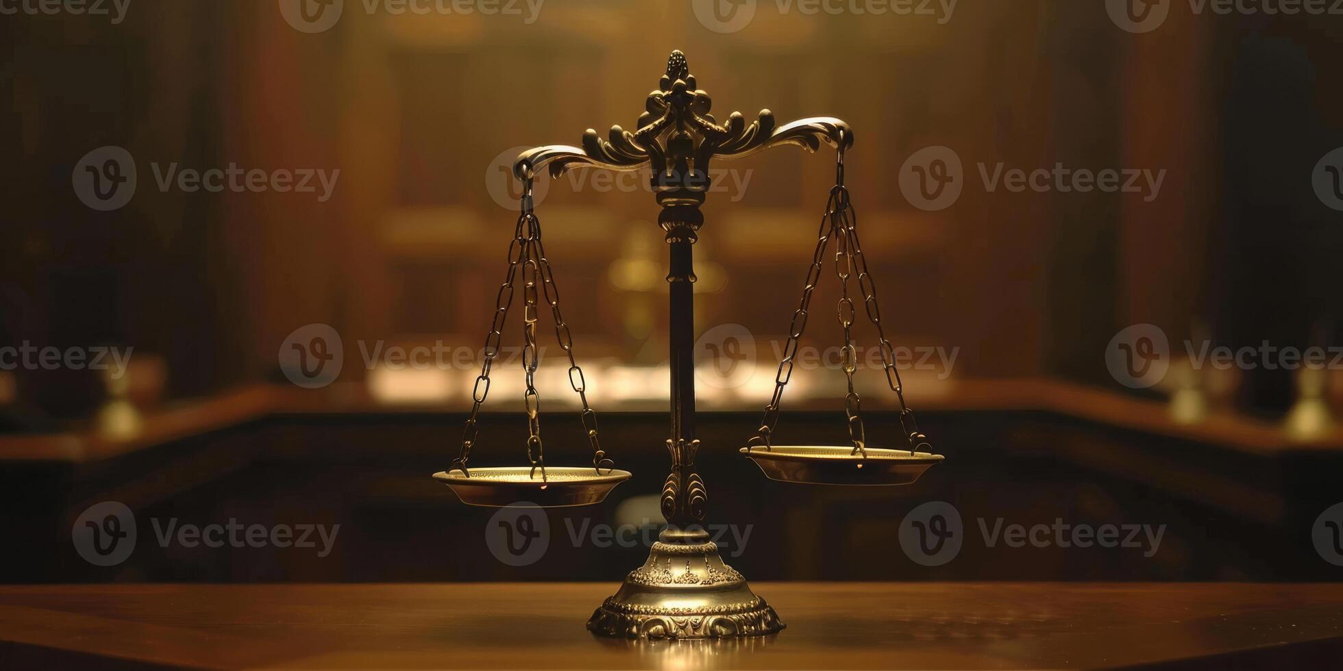 This is a classic depiction of justice, featuring balanced scales set within the ambiance of a courtroom photo