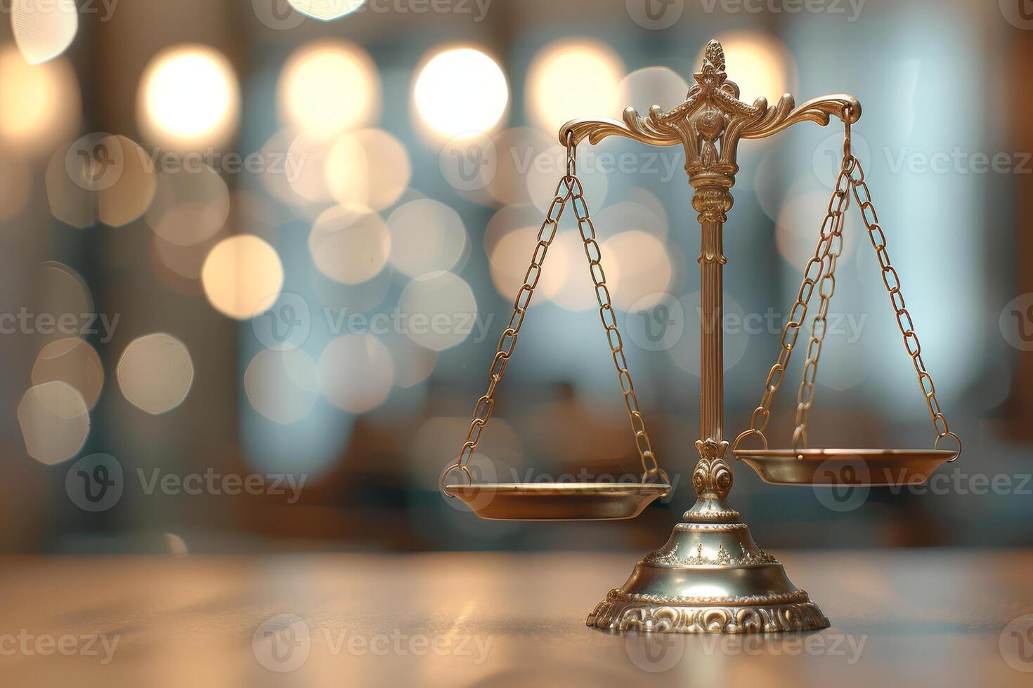 A closeup image of an ornate scale symbolizing justice, set against a soft bokeh background enhancing its significance photo