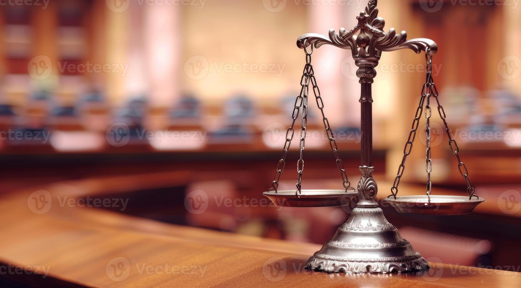 A detailed closeup of the iconic scales of justice prominently displayed in a courtroom, symbolizing law and fairness photo