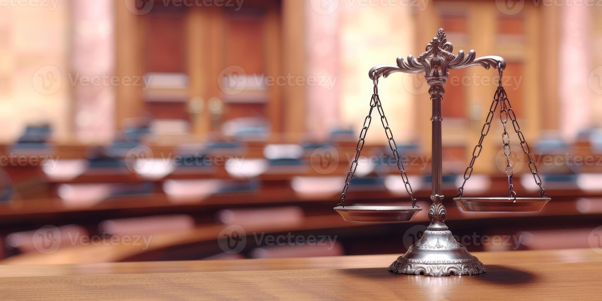 A closeup view of a justice scale, prominently displayed in a spacious and grand courtroom environment photo