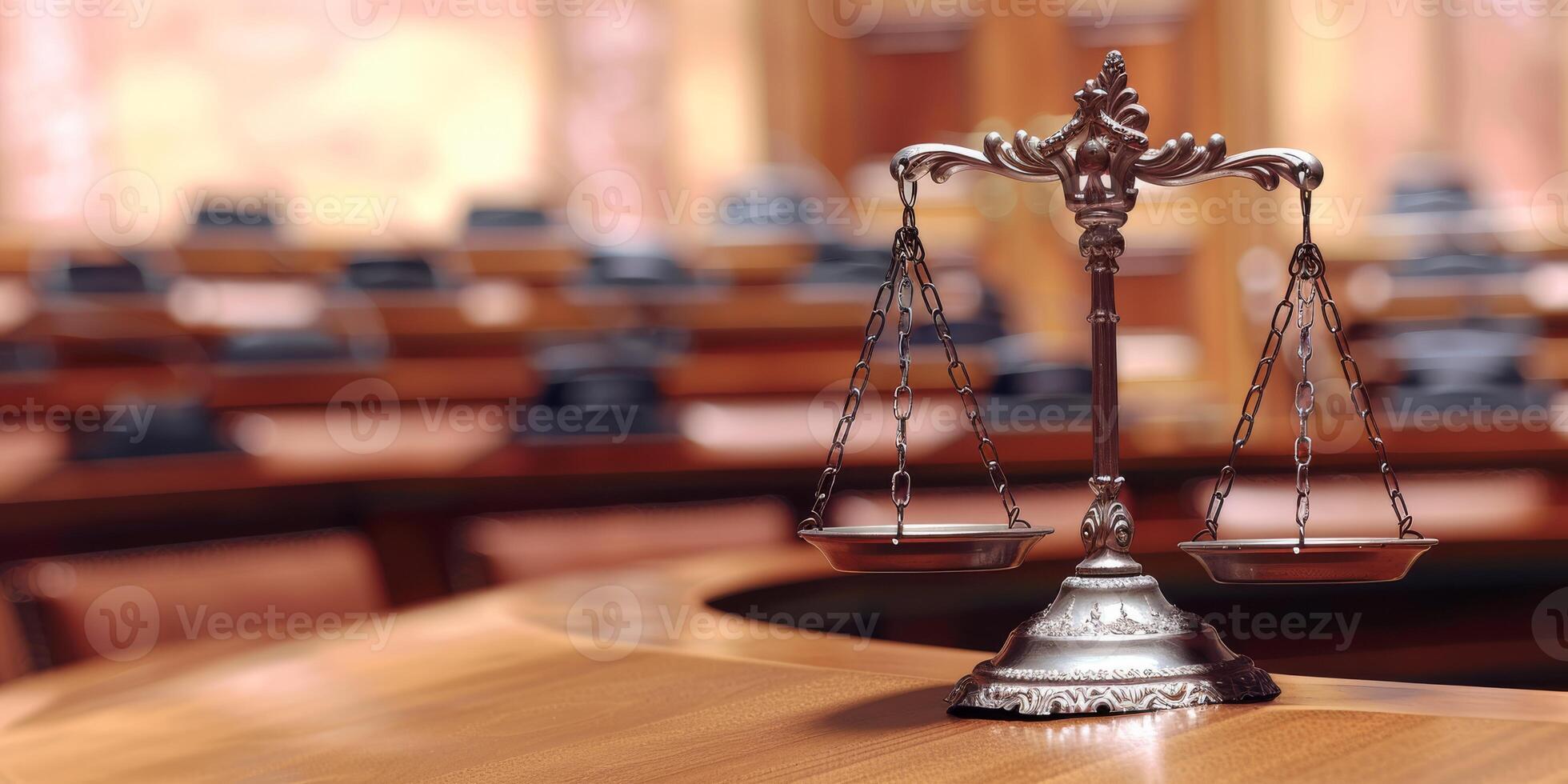 The symbol of justice prominently displayed in a courtroom represents the essential notions of law and order photo