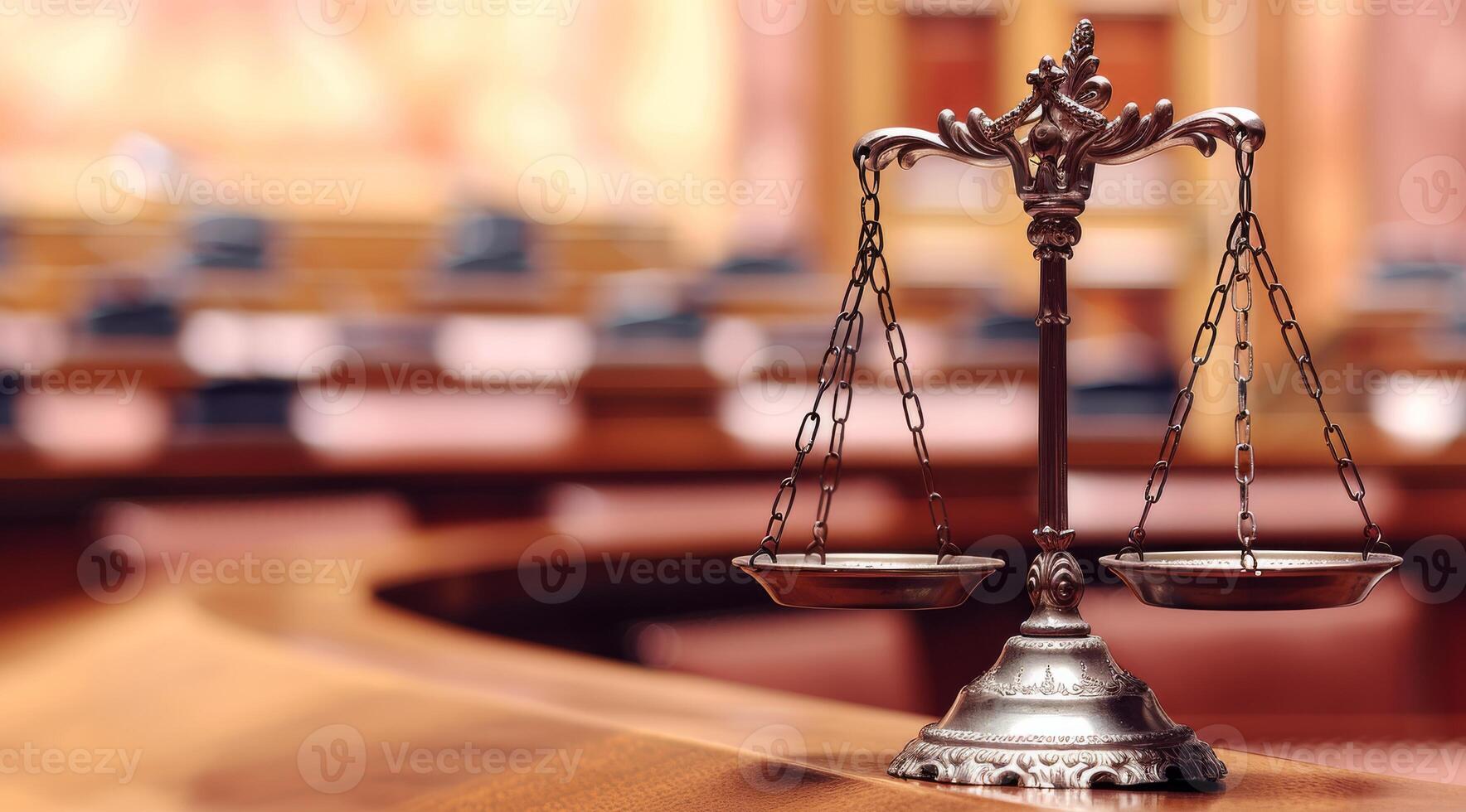 The iconic scales of justice symbolize law and order within the structured environment of a courtroom setting photo