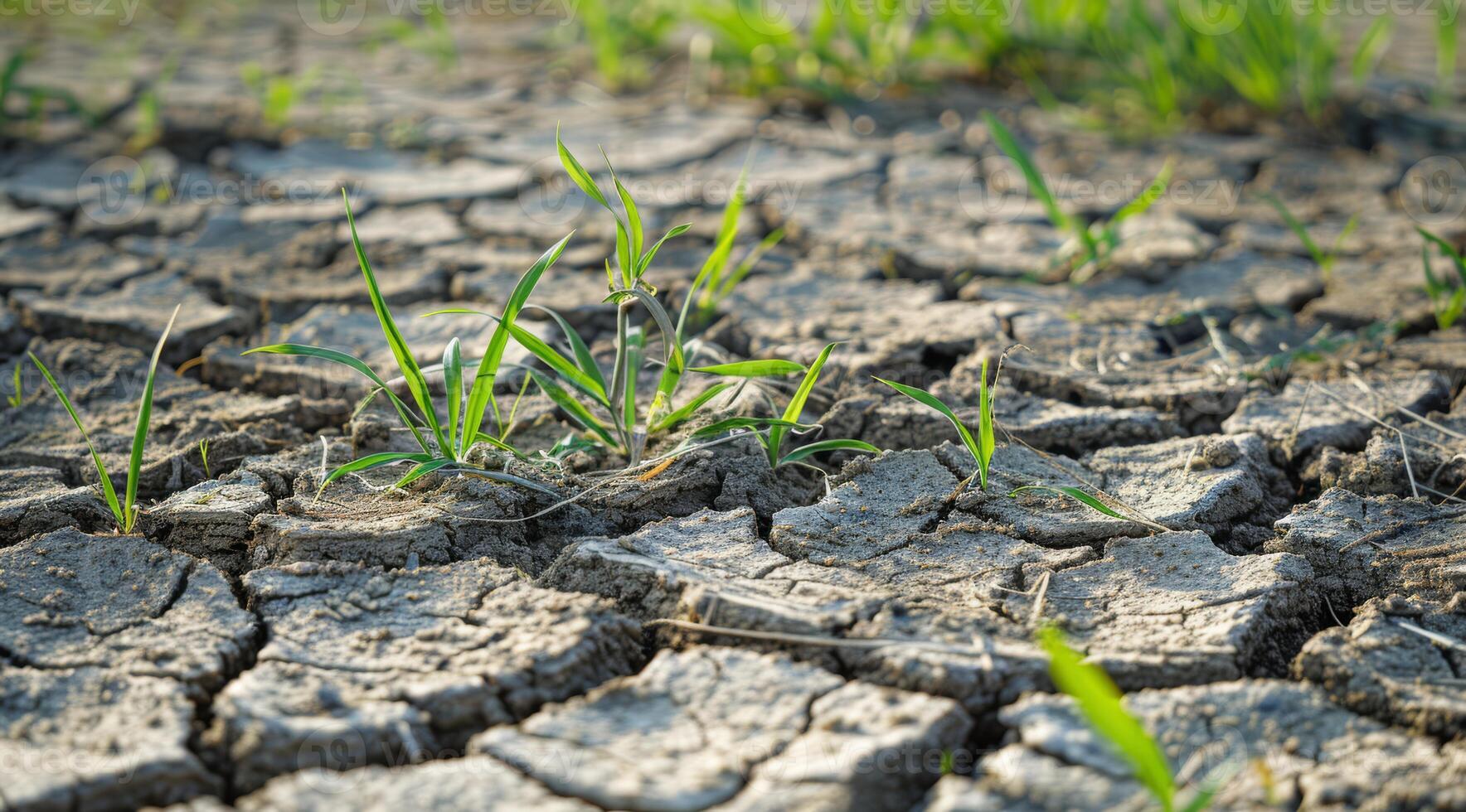 This image vividly depicts cracked soil interspersed with resilient grass, illustrating the severe effects of drought and climate change on the environment and its impact on ecosystems photo