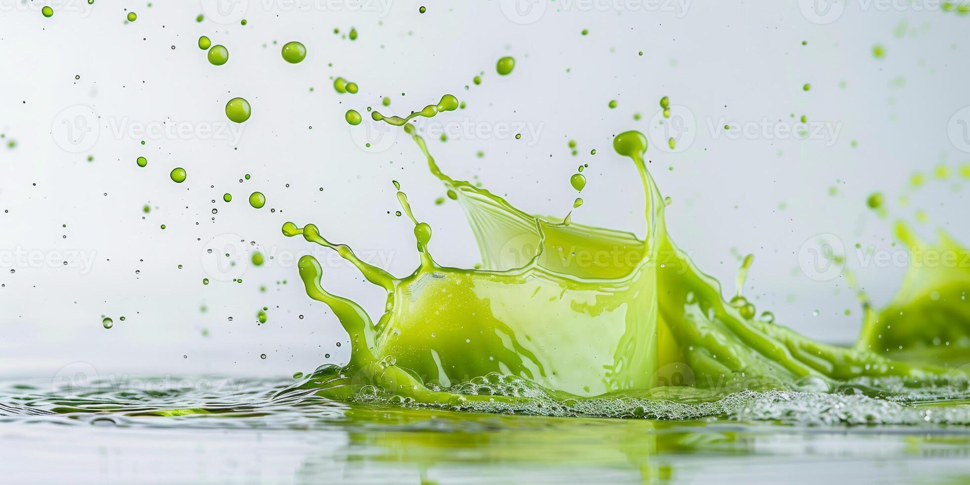 A vibrant and eyecatching splash of green smoothie, capturing the essence of freshness and healthiness in a dynamic and exciting moment. Its perfect for enthusiastic wellness lovers everywhere photo