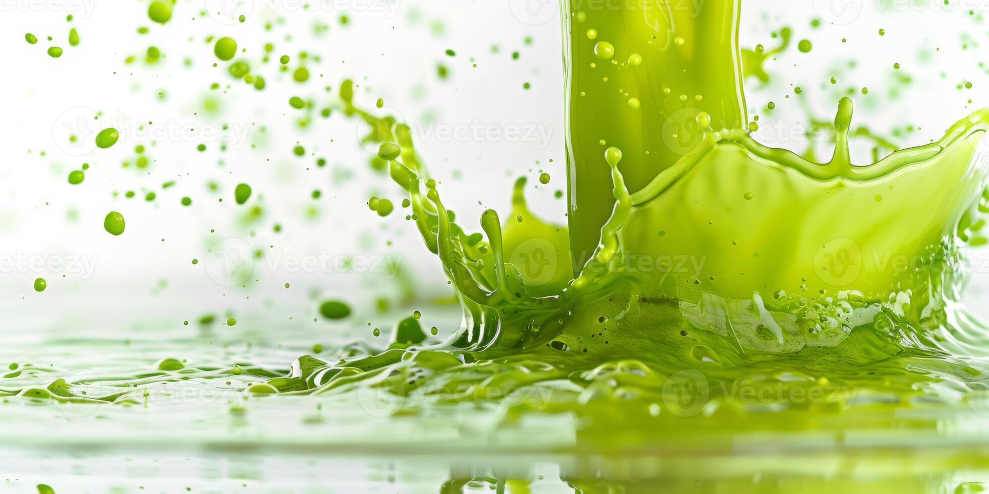 A vivid and energetic splash of green smoothie creates a dynamic and refreshing scene, beautifully showcasing the vibrant color and invigorating energy that healthy living embodies and promotes photo