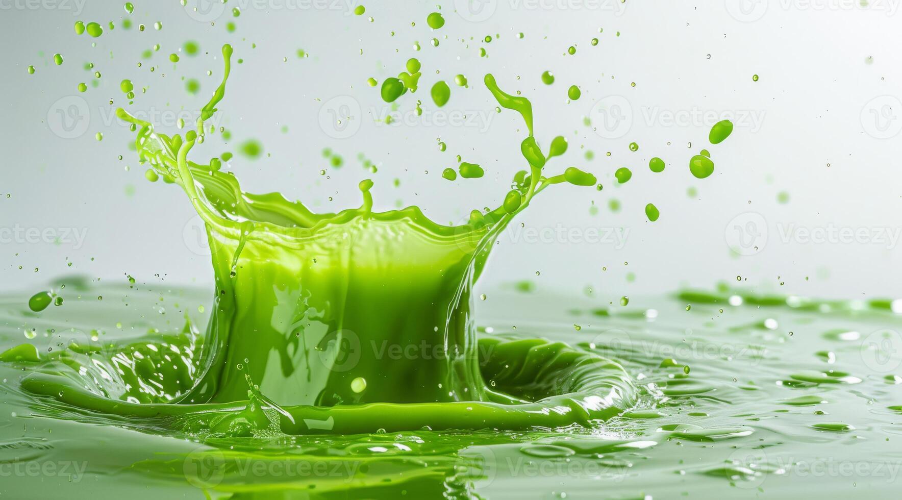 A dynamic splash of vibrant green smoothie, brimming with an array of nutrients and freshness, clearly showcasing a lively, invigorating, and healthy drink in action as it refreshes photo