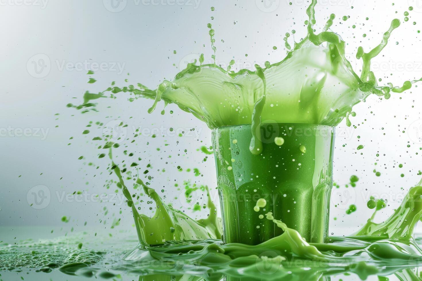 A vibrant green smoothie splash captures a colorful blend of nutritious ingredients, ideal for health enthusiasts and culinary bloggers, promoting a healthy lifestyle and nutritious habits photo