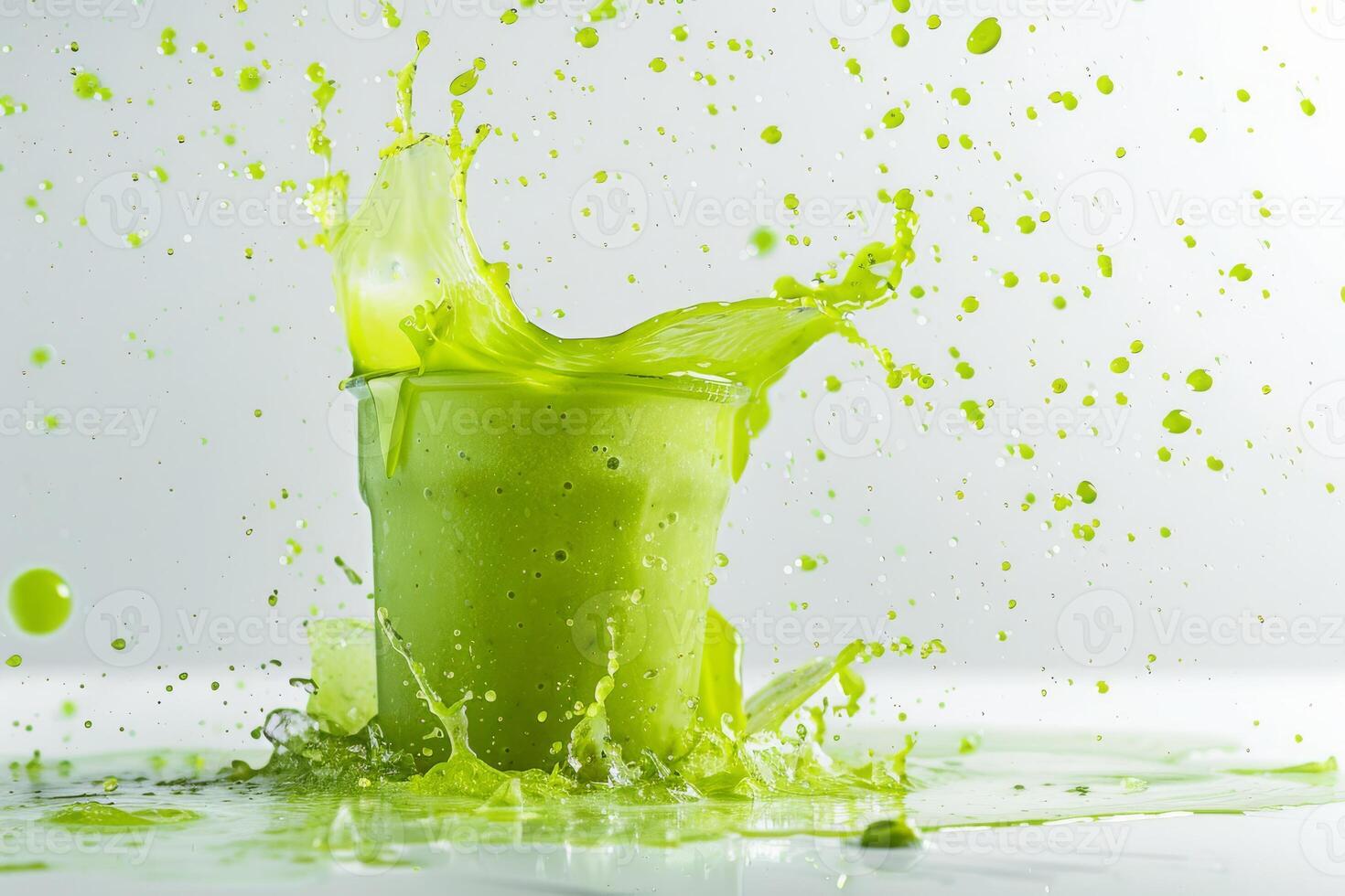 A vibrant green smoothie splashes energetically, creating an artistic display of colors. Perfect for health enthusiasts and food photography lovers, it showcases nutritious ingredients photo