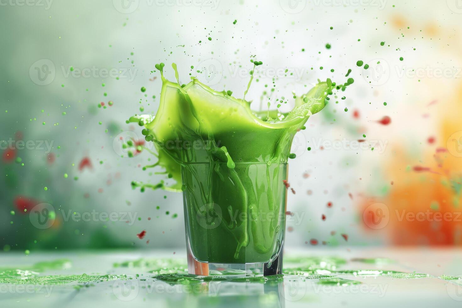 A vibrant green smoothie splashes dramatically from a tall glass, showcasing a lively mix of freshness and energy bursting forth, perfect for health enthusiasts who cherish nutritious beverages photo