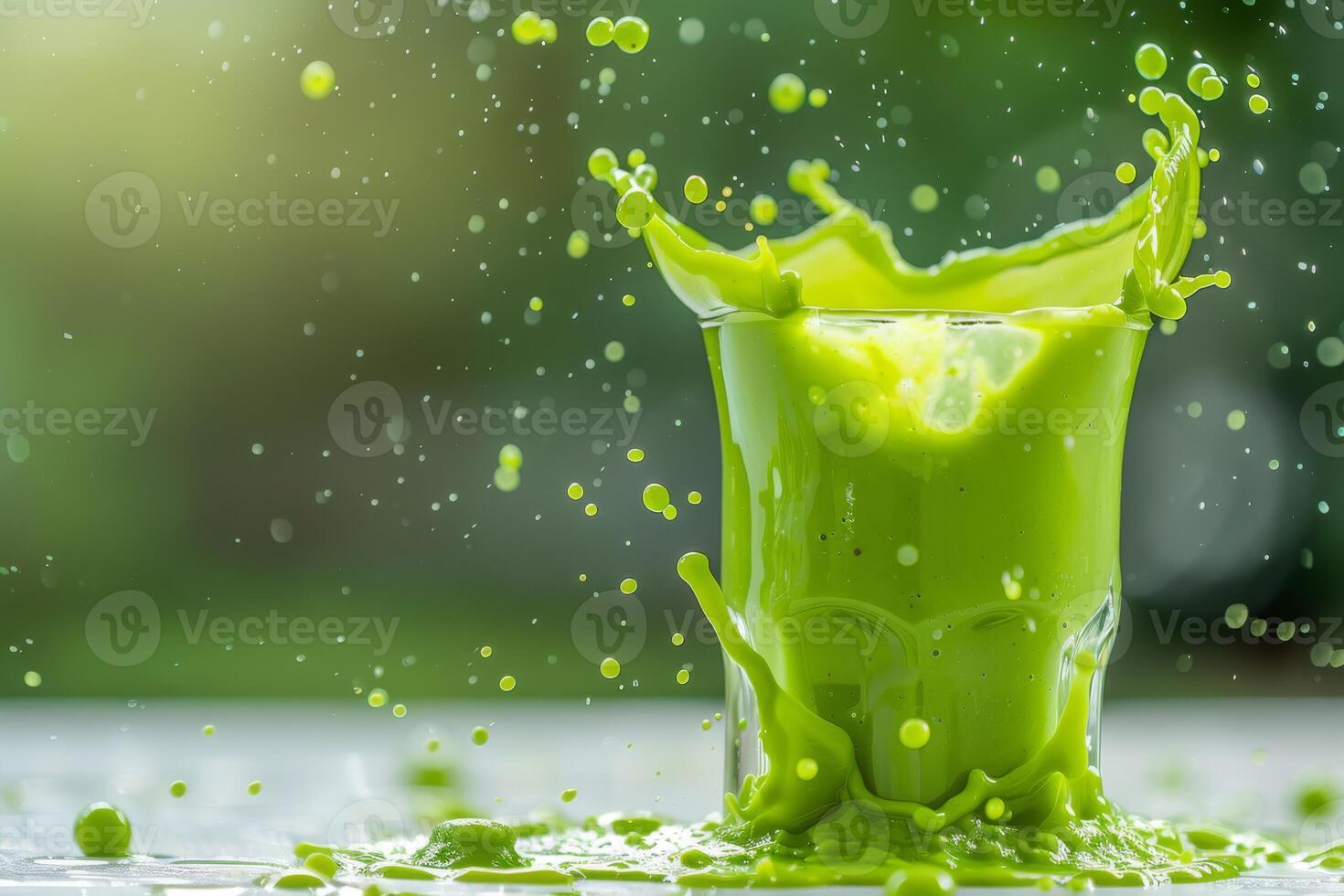 A vibrant and refreshing green smoothie made with fresh ingredients is beautifully displayed in a clear glass, making it perfect for health and wellness themes, enhancing both nutrition and hydration photo
