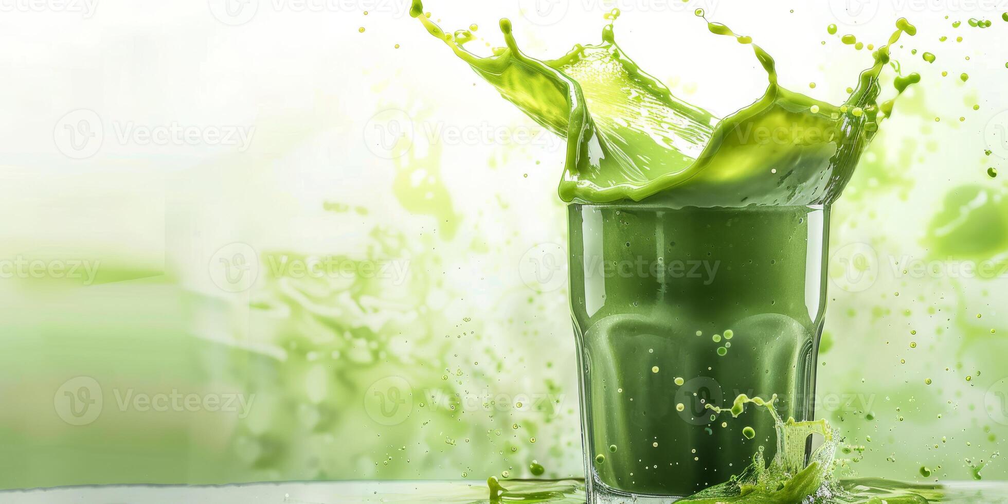 A vibrant green smoothie elegantly splashes out of an inviting glass, showcasing an abundance of freshness and health while delivering a lively and energetic burst of color and delightful texture photo