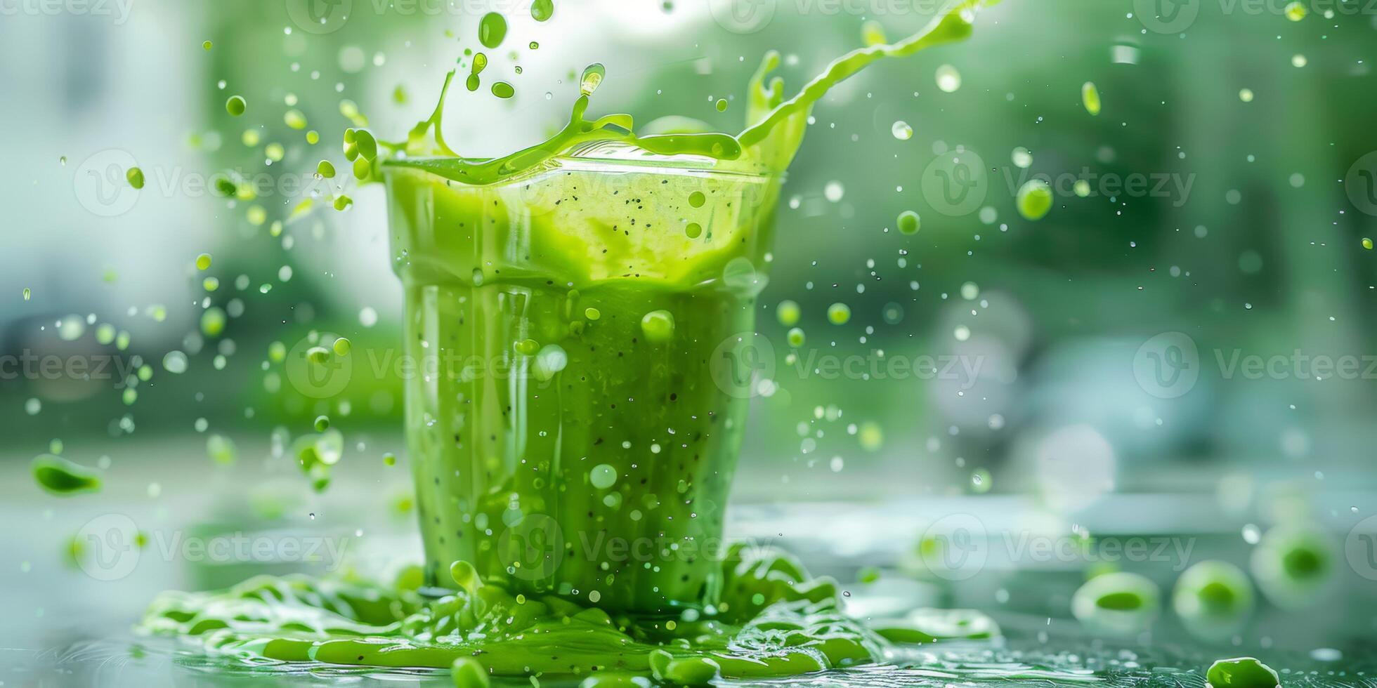 A vibrant green smoothie enthusiastically splashes out of a tall glass, surrounded by refreshing droplets, beautifully showcasing vitality, freshness, and a commitment to health and wellness photo