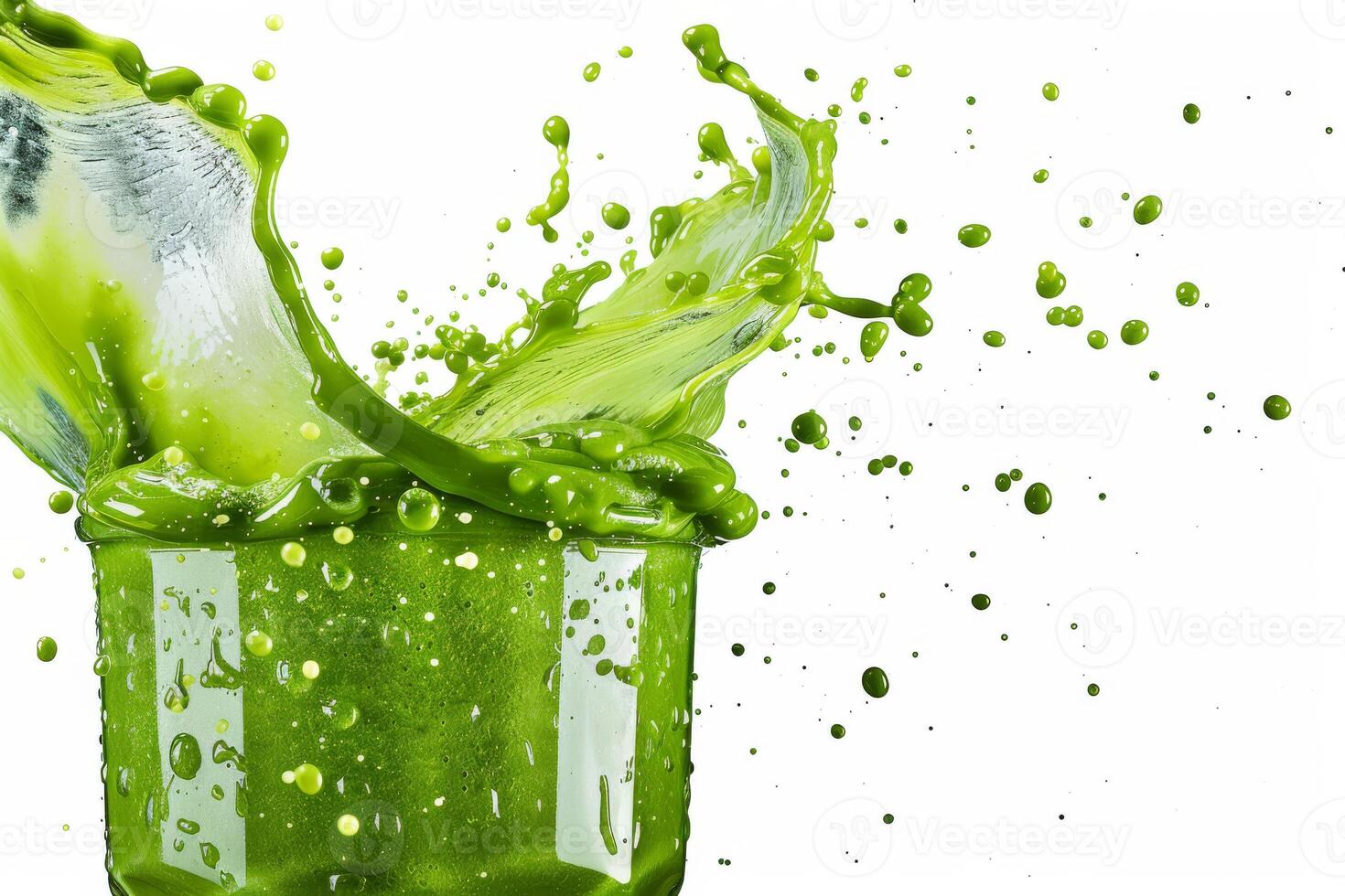 A vibrant splash of green smoothie beautifully captured in a glass, showcasing the freshness, vitality, and energy that come with embracing a lifestyle of healthy eating and nourishment photo