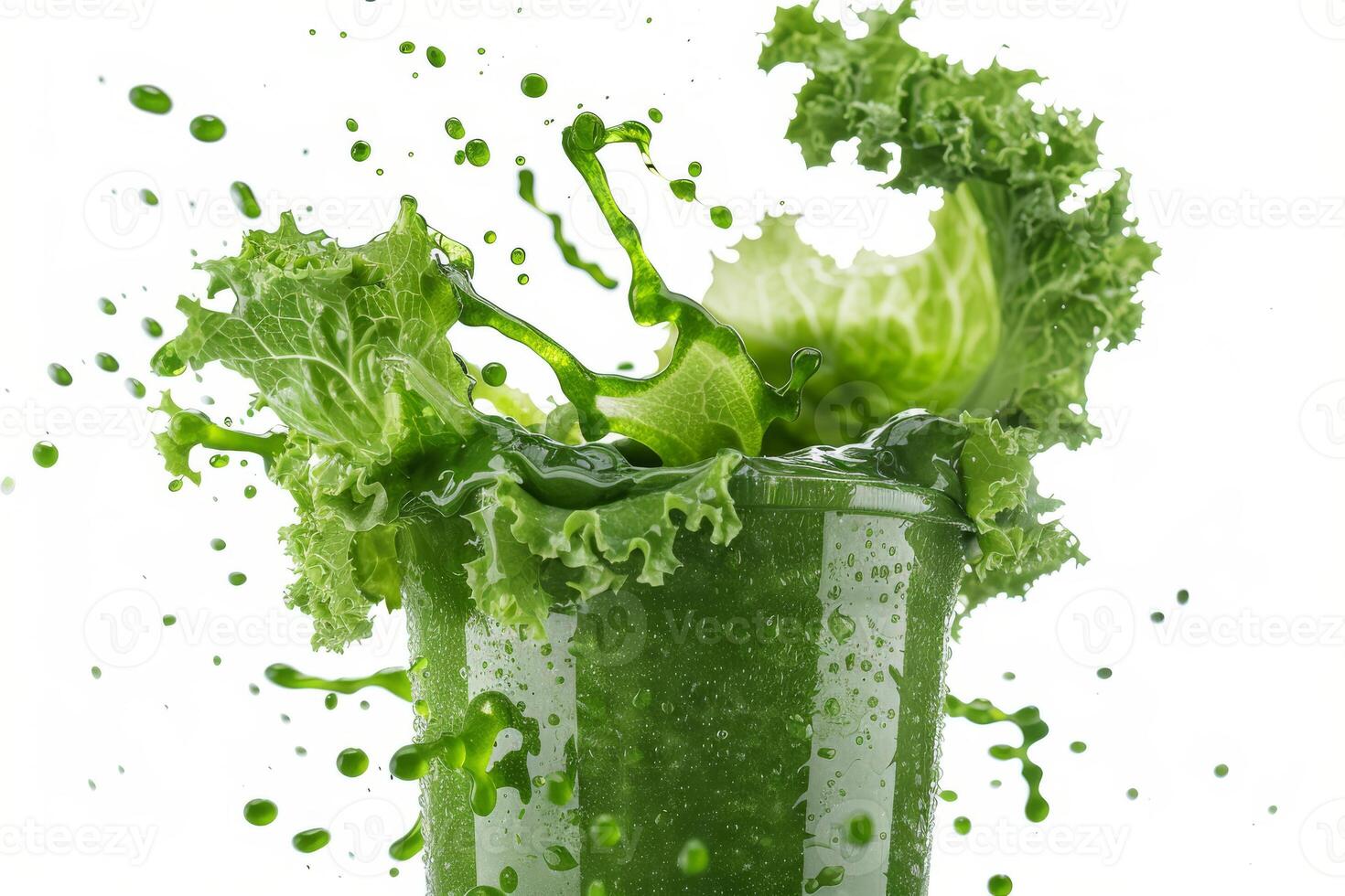 A vibrant green smoothie splashes energetically across the scene, showcasing fresh and nutritious ingredients like kale and cucumber in a dynamic, inviting, and healthy presentation that captivates photo