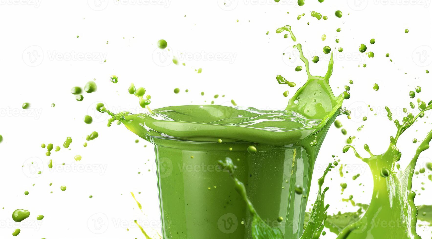 A vibrant green smoothie splashes from a glass, showcasing its freshness, delightful flavor, and health benefits, making it an ideal choice for a refreshing, nutritious drink everyone should enjoy photo