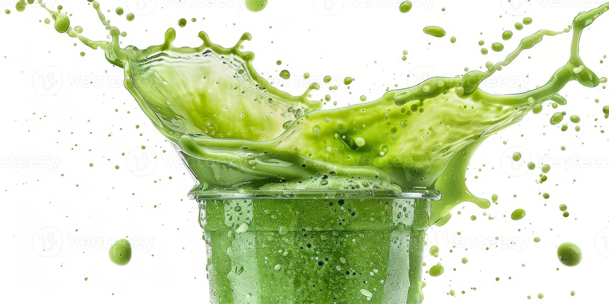 A vibrant splash of a green smoothie captured brilliantly in midair, showcasing its freshness and vitality, making it the perfect choice for healthy living and an active lifestyle photo