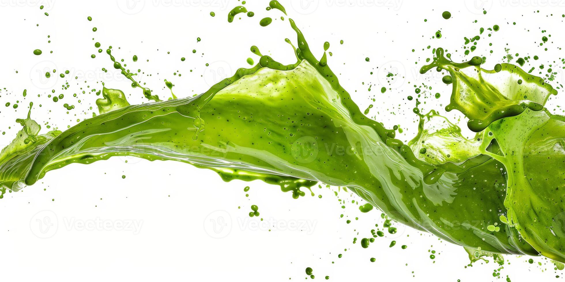 A vibrant and dynamic splash of a fresh green smoothie beautifully highlights its healthy ingredients, making it perfect for various smoothies, refreshing drinks, and healthfocused design projects photo