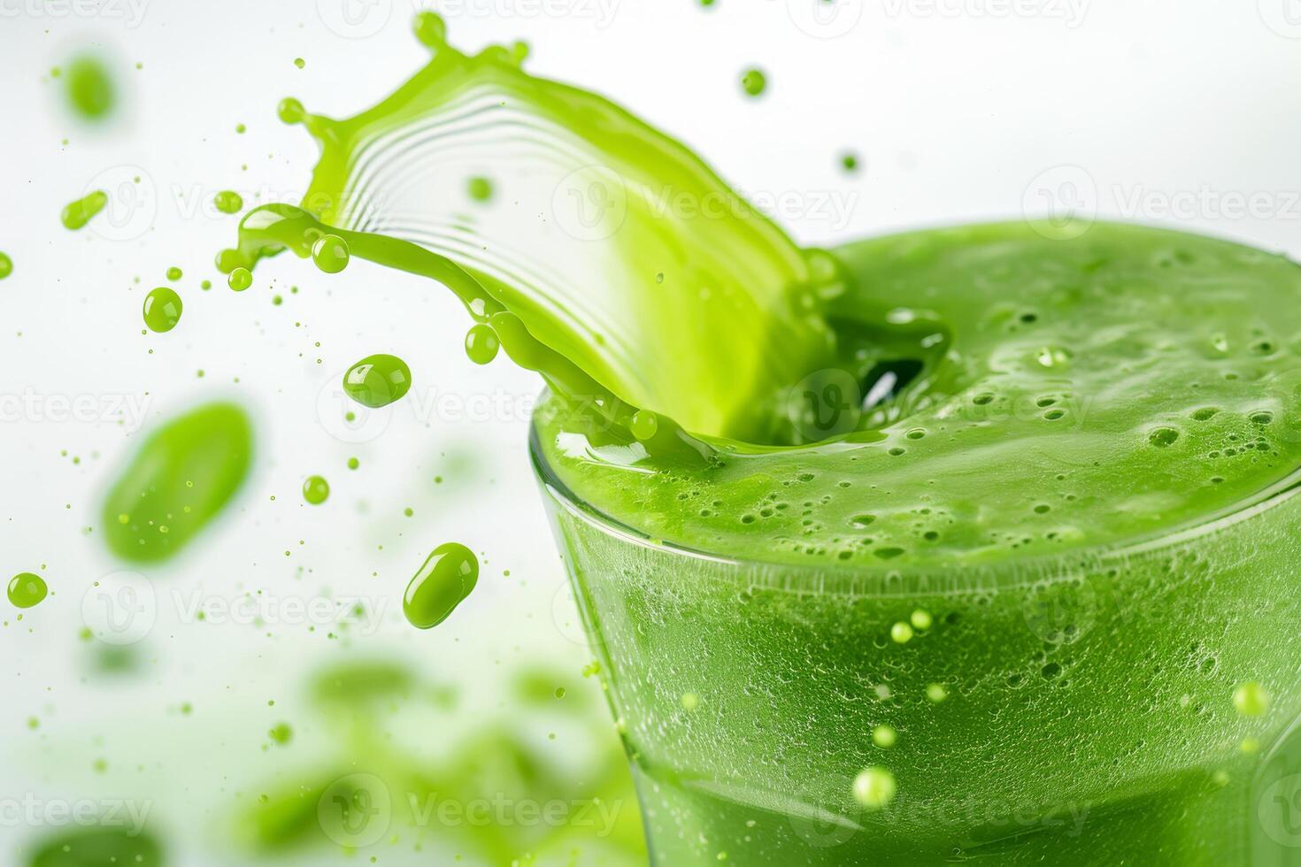 A vibrant green smoothie enthusiastically splashes out of the glass, beautifully showcasing its fresh and healthy ingredients, exuding an energetic and uplifting vibe that promotes wellbeing photo
