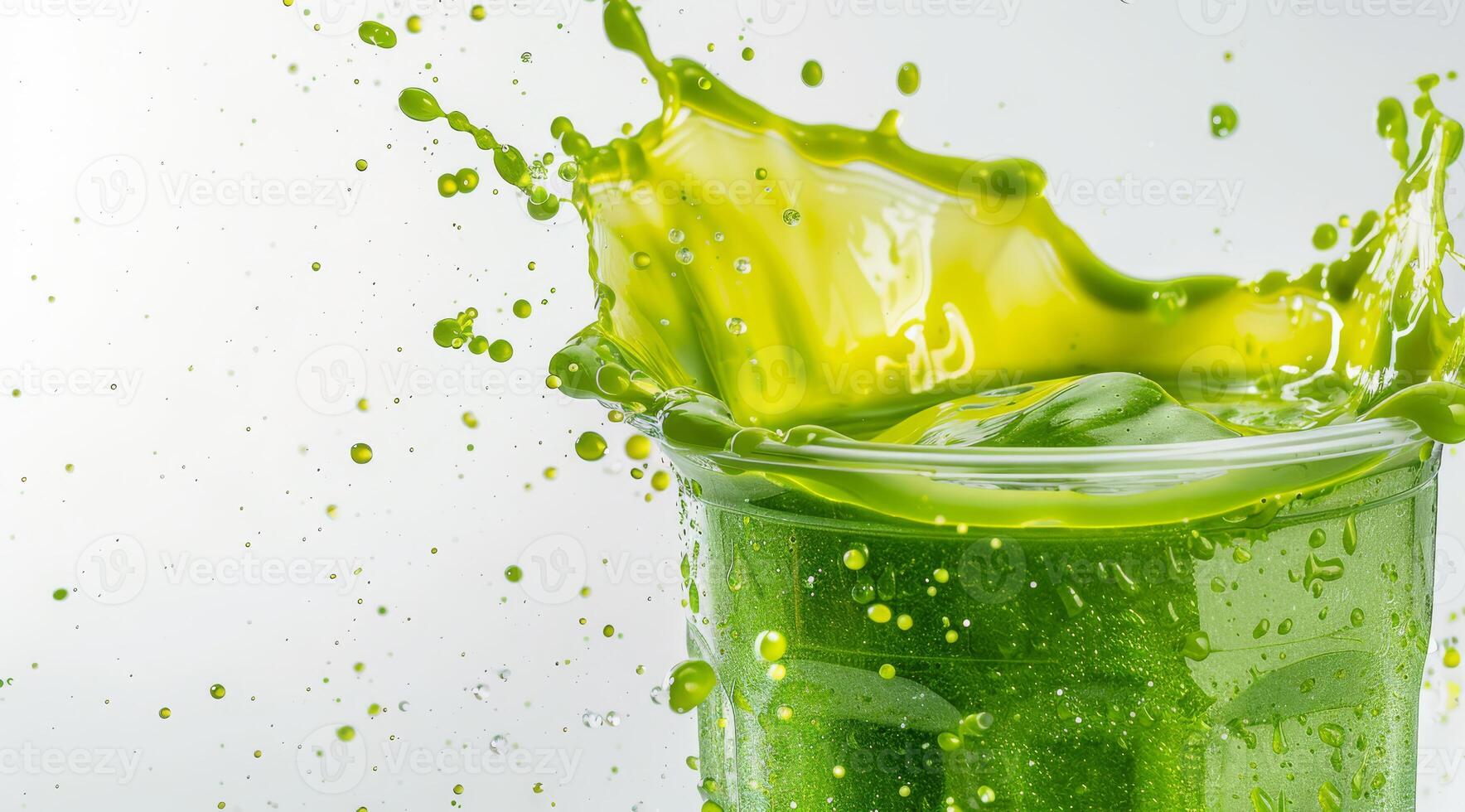 A vibrant green smoothie splash captures fresh ingredients, making it ideal for energizing drinks and overall wellness. Perfect for those seeking nutritious beverages and a tasty snack photo