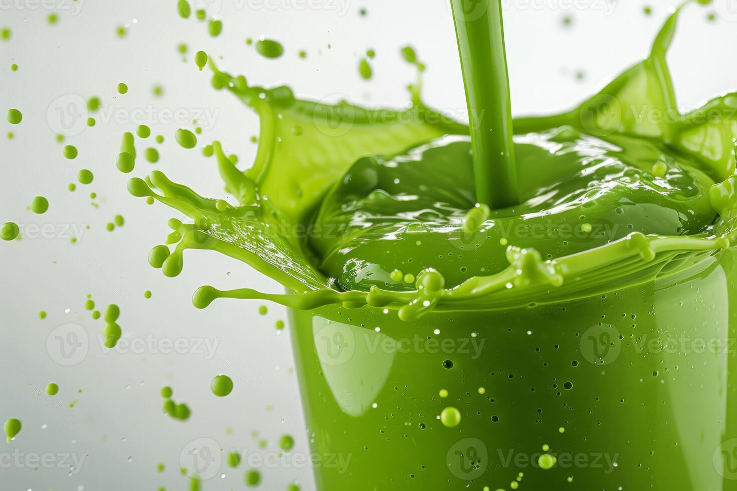 A captivating and dynamic image of a green smoothie splashing energetically, showcasing the essence of freshness and vitality. This vibrant visual is perfect for various health and wellness themes photo