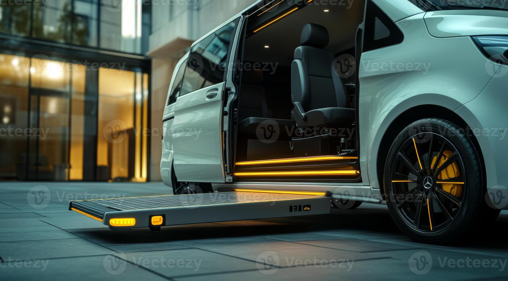 This wheelchairaccessible minivan features a practical ramp for easy entry and exit, ensuring comfort and mobility, ideal for navigating busy urban areas where accessibility is essential photo