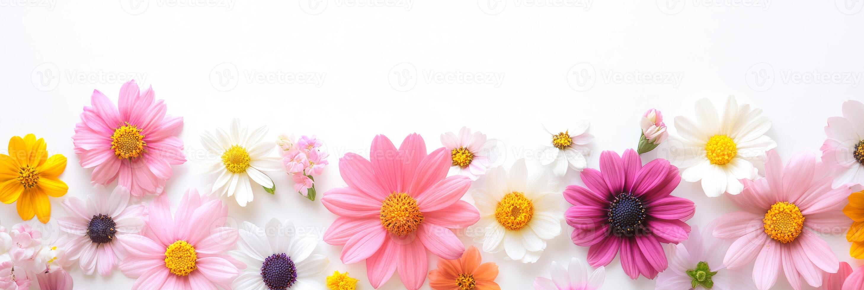 A stunningly beautiful array of colorful flowers that includes cheerful daisies and many other blooms, making it perfect for a soft and serene, natureinspired background with ample copy space photo