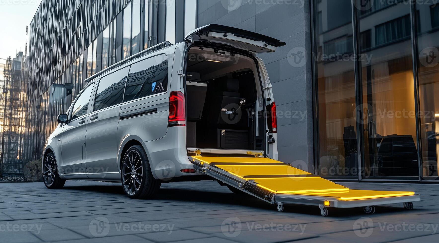 This modern minivan has a sturdy yellow ramp for easy wheelchair access, making it an excellent choice for those needing reliable mobility solutions to enhance daily activities and lifestyle photo