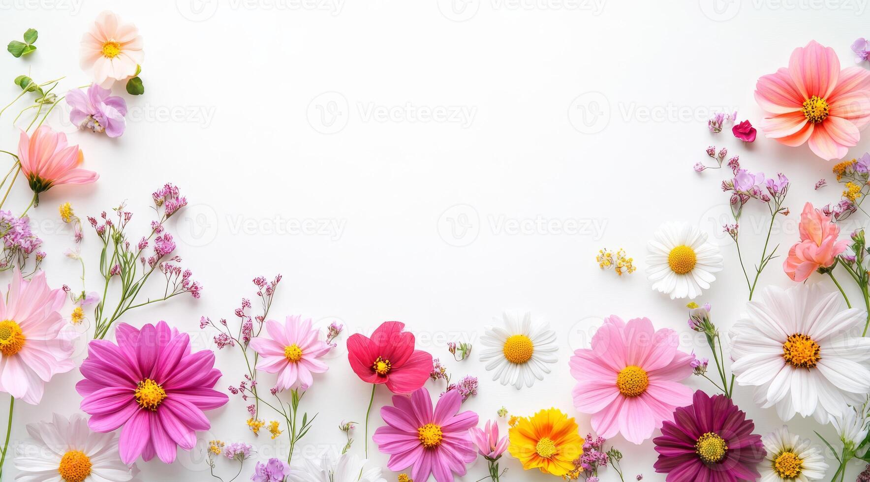 A stunning and beautiful array of a variety of colorful flowers skillfully arranged to create an amazing vibrant frame, making it perfect for use in backgrounds, invitations, and overall decoration photo