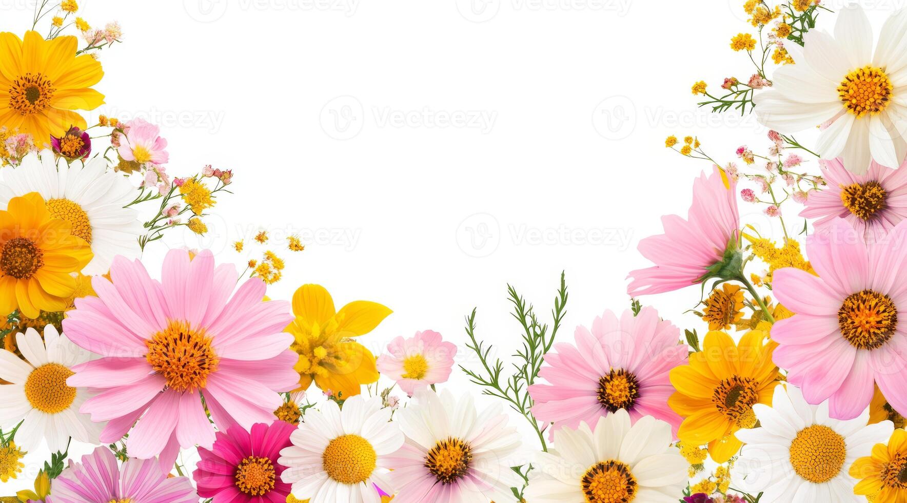 This vibrant arrangement of daisies and cosmos creates a stunning border, perfect for wedding invitations, special announcements, or any project needing a touch of nature and charm photo
