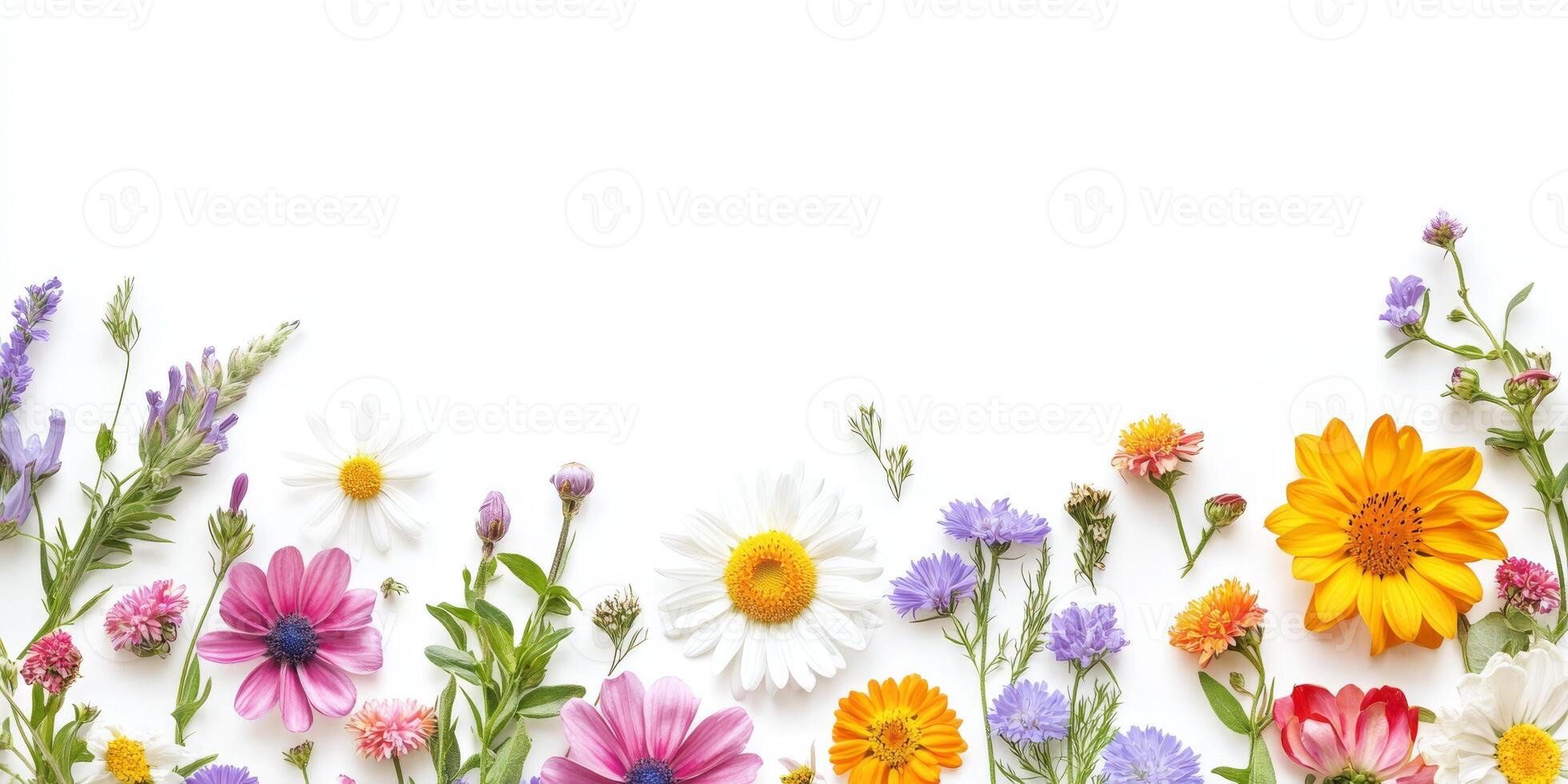 This colorful array of wildflowers creates a stunning border for invitations or greeting cards, allowing ample white space for personalized text and ensuring a beautiful overall presentation photo